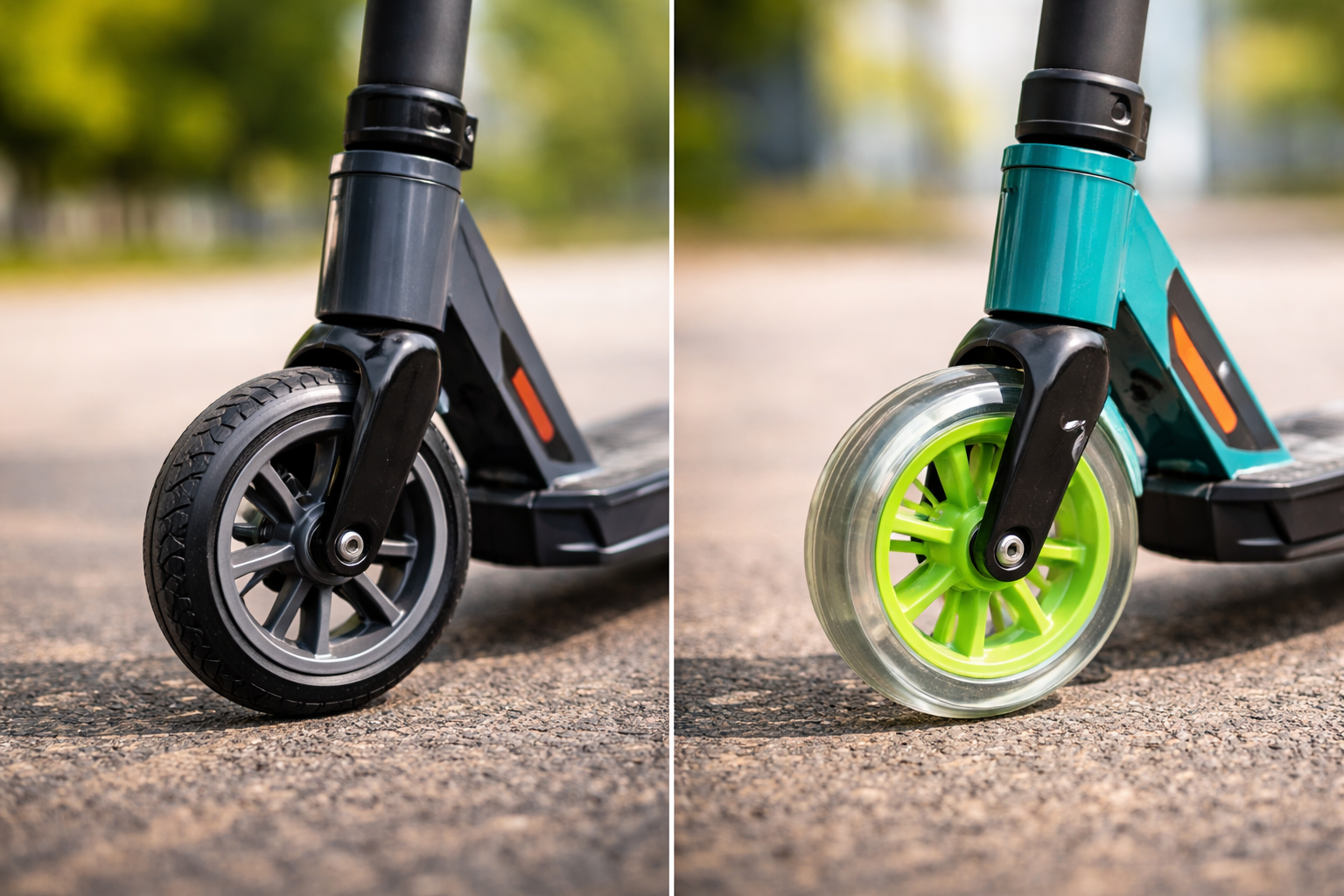 Paspirtukas: guminiai ar poliuretaniniai ratai