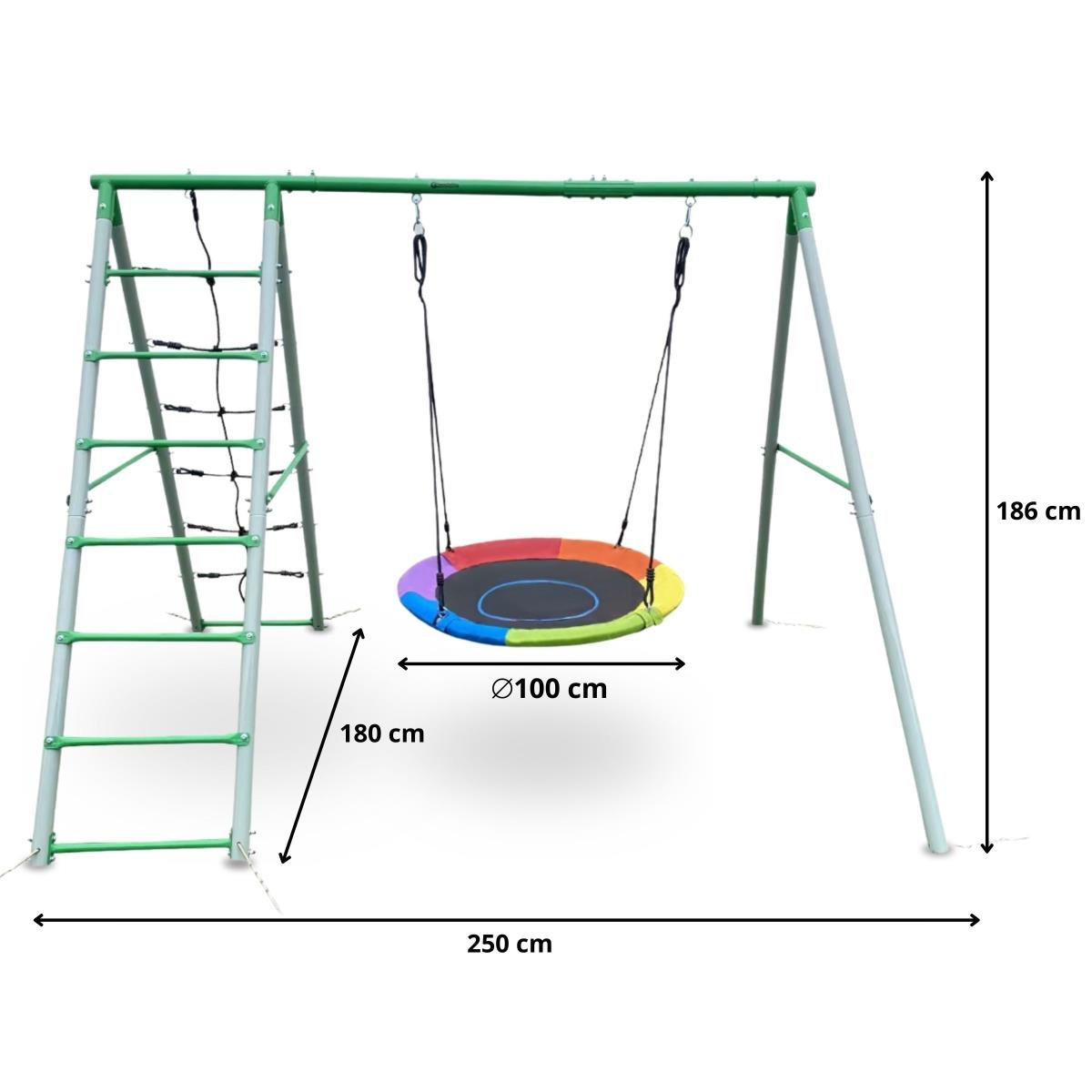 XL sodo žaidimų aikštelė vaikams su gandralizdžio sūpynės, kopėčiomis ir laipiojimo tinklu