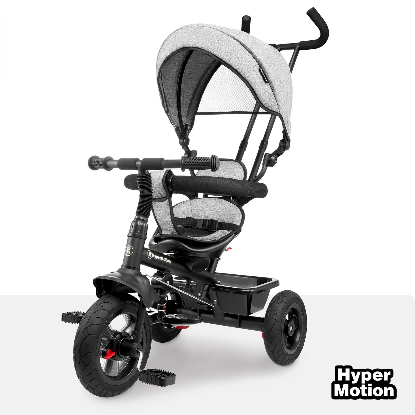 Triratukas 1-4 metų vaikams - TOBI FREY - pilka spalva - pasukamas - pompiniai ratai + stūmiklis