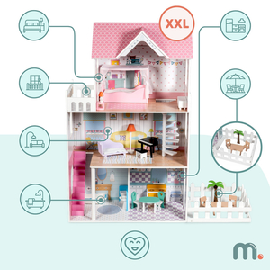 XXL Didžiausias medinis lėlių namelis - 123 cm - LED apšvietimas - terasa, aksesuarai, sodas
