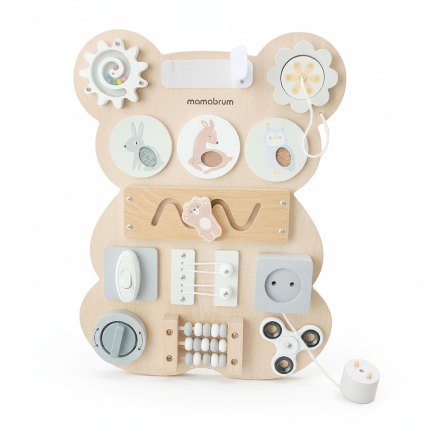 Medinė Montessori meškiuko manipuliacinė lenta - sensorinis savarankiškumo mokymasis: lipdukas, kaištis, labirintas, spragtelėjimo rankenėlė