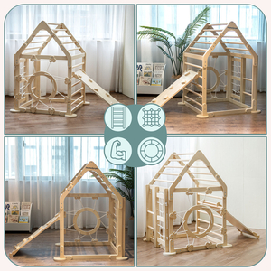 Medinė žaidimų aikštelė vaikams viduje – namelis su kopėčiomis ir čiuožykla