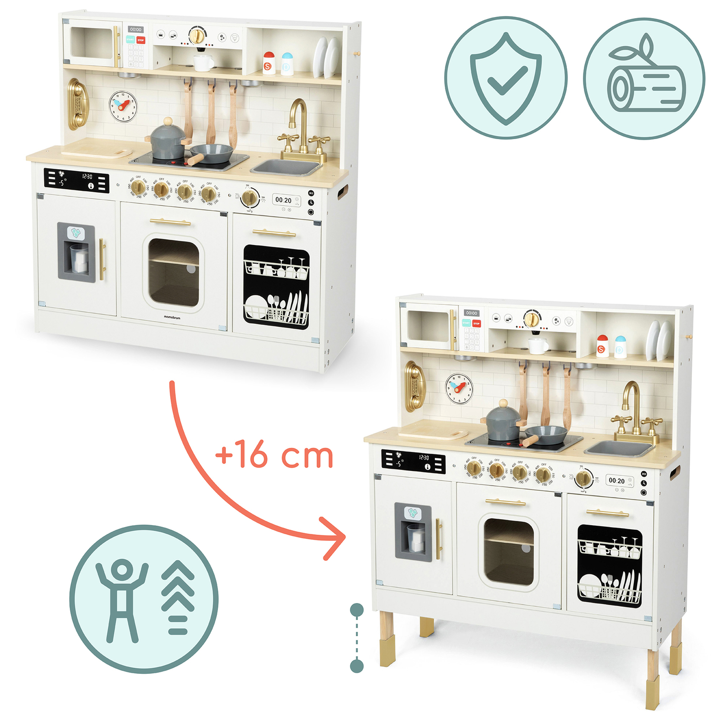 Interaktyvi XXL medinė virtuvė su priedais ir LED apšvietimu – dviejų lygių