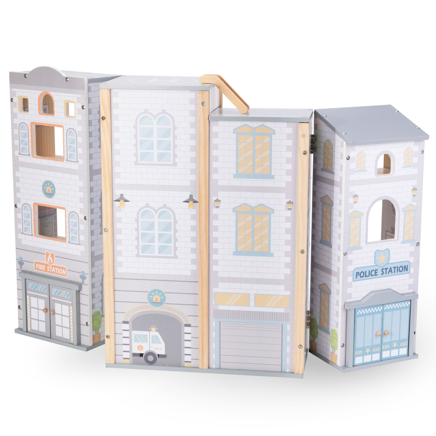 Didelė sulankstoma gaisrinė su policijos nuovada - medinis rinkinys. Gaisrinė ir policijos nuovada su priedais.