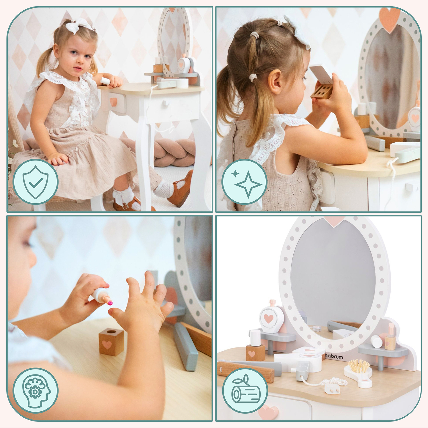 Medinis tualetinis staliukas su taburete ir priedais