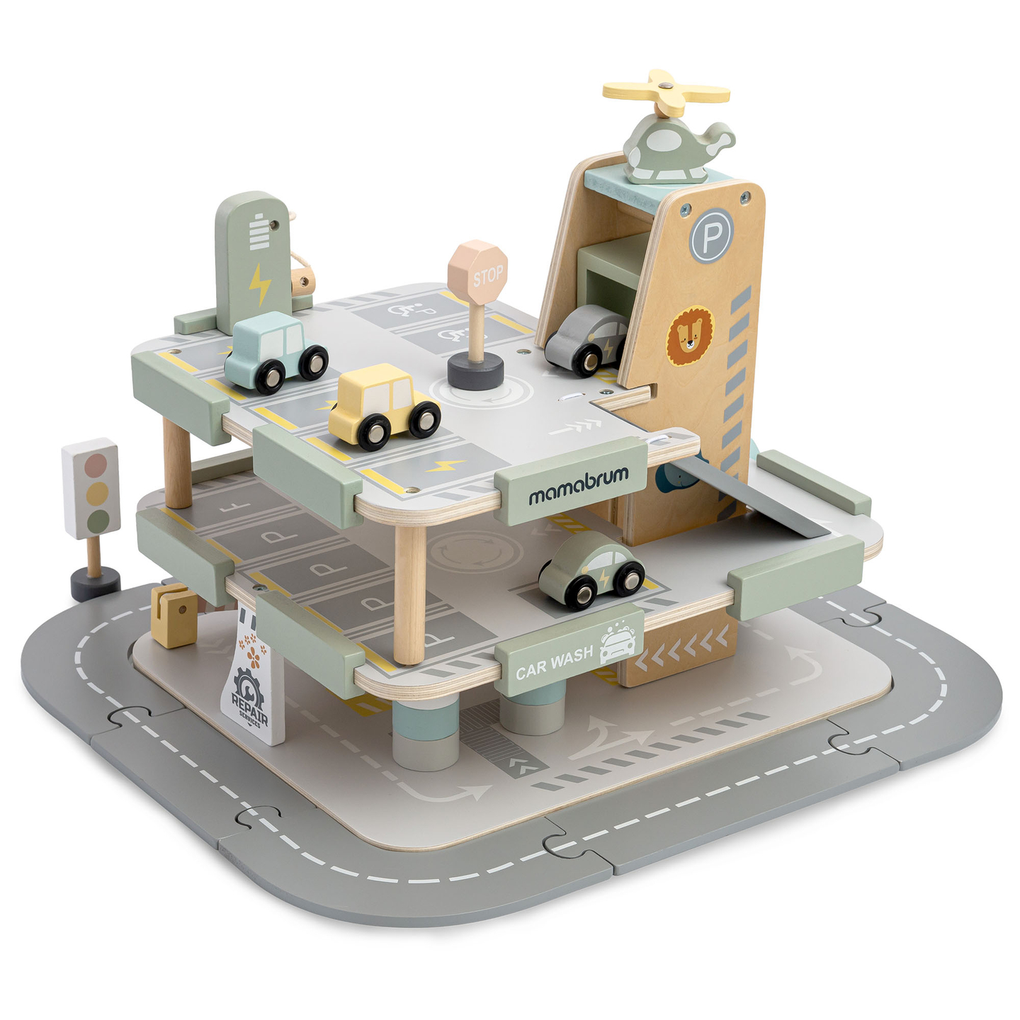 Medinis, trijų aukštų garažas vaikams su priedais – automobilių stovėjimo aikštelė, degalinė, automobilių plovykla, sraigtasparnis