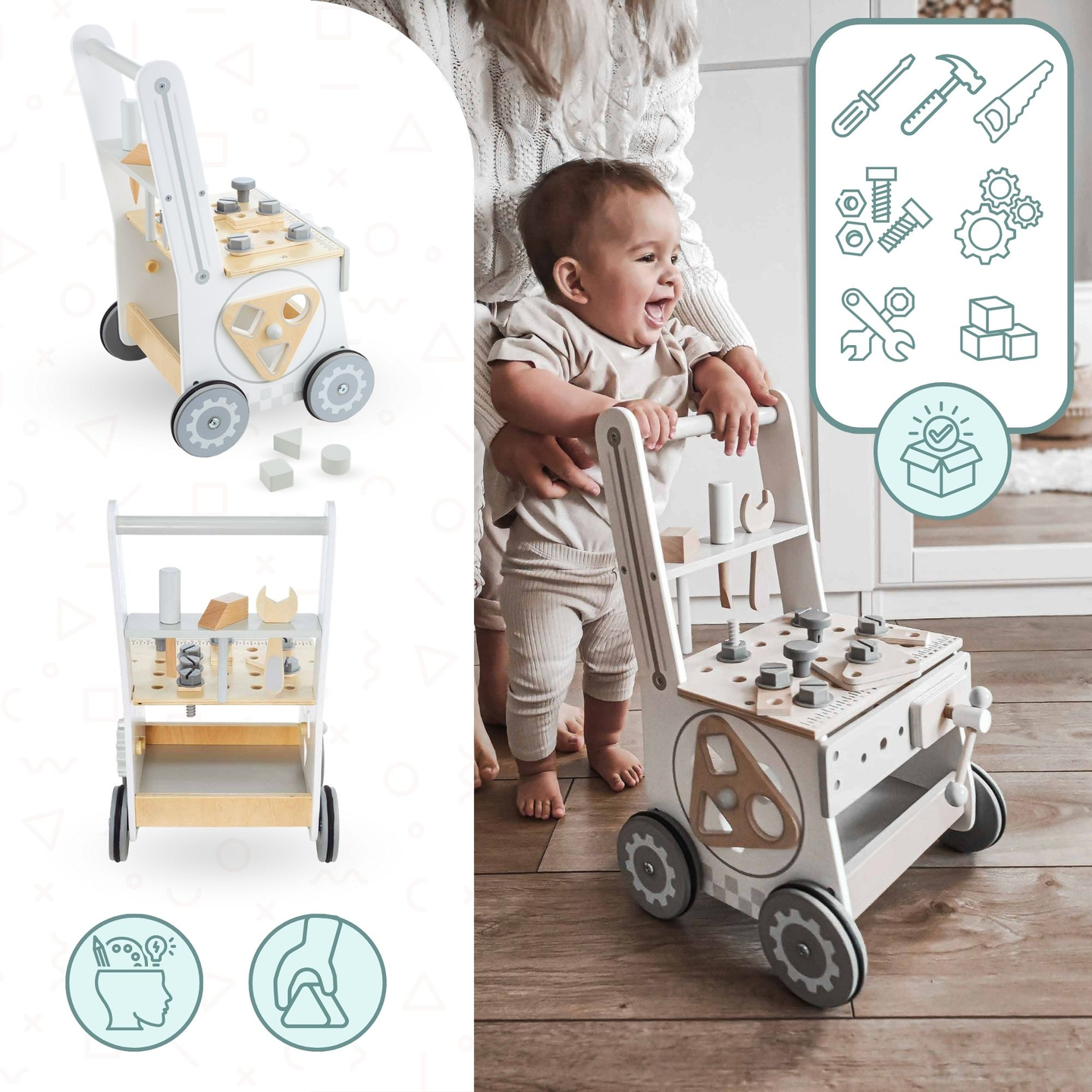 Medinė vaikštynė, stumdyklė ir dirbtuvės "3 viename" - 47 elementai