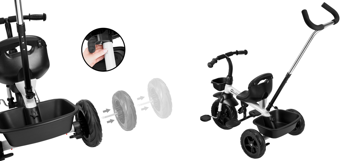 "HyperMotion TOBI VECTOR" triratukas - amžini pripučiami ratai + stūmimo strypas. Spalva: šviesiai pilka.