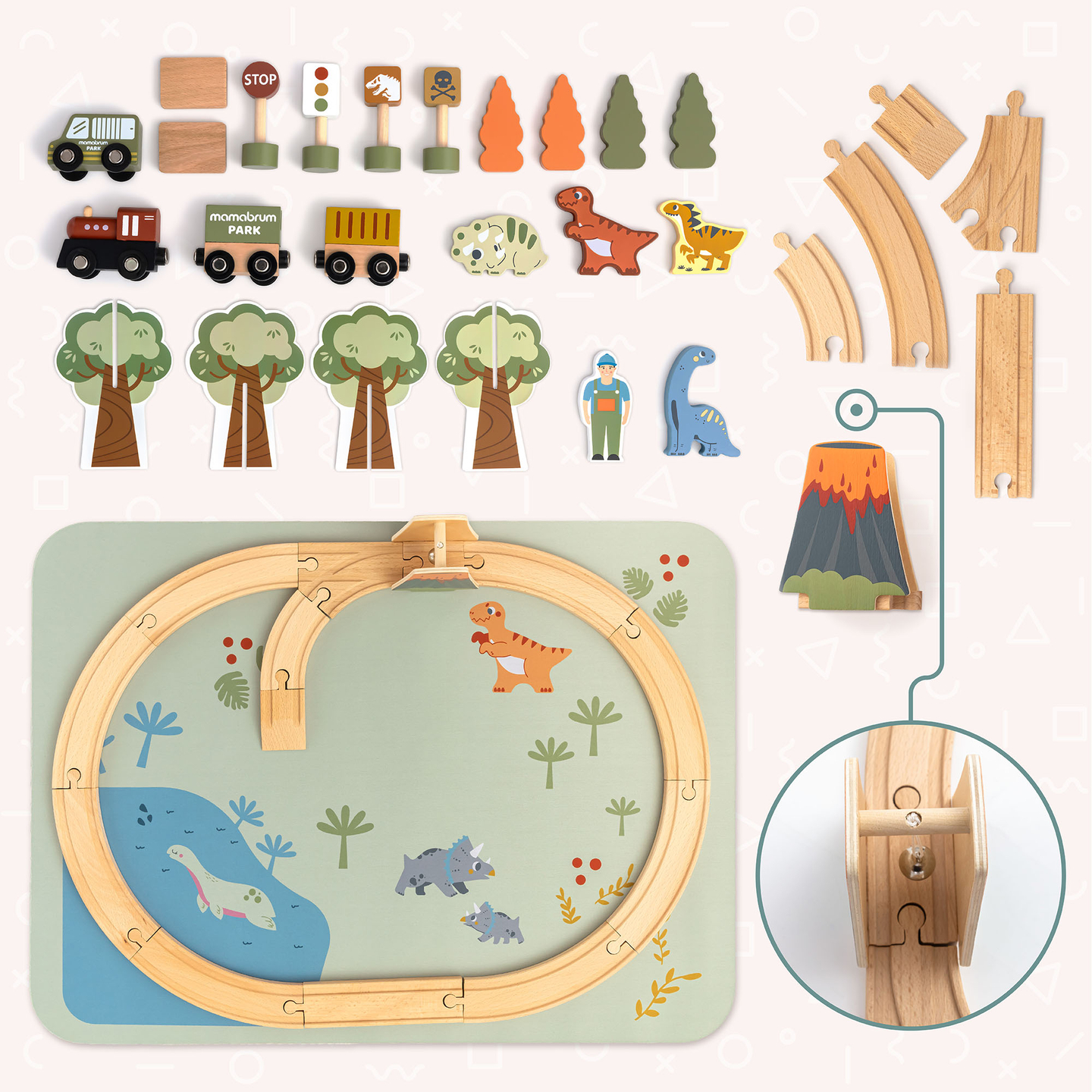 Dino parko medinis traukinukas su neslystančiu kilimėliu - dinozaurai, traukinukas, bėgiai, ugnikalnis, varpas