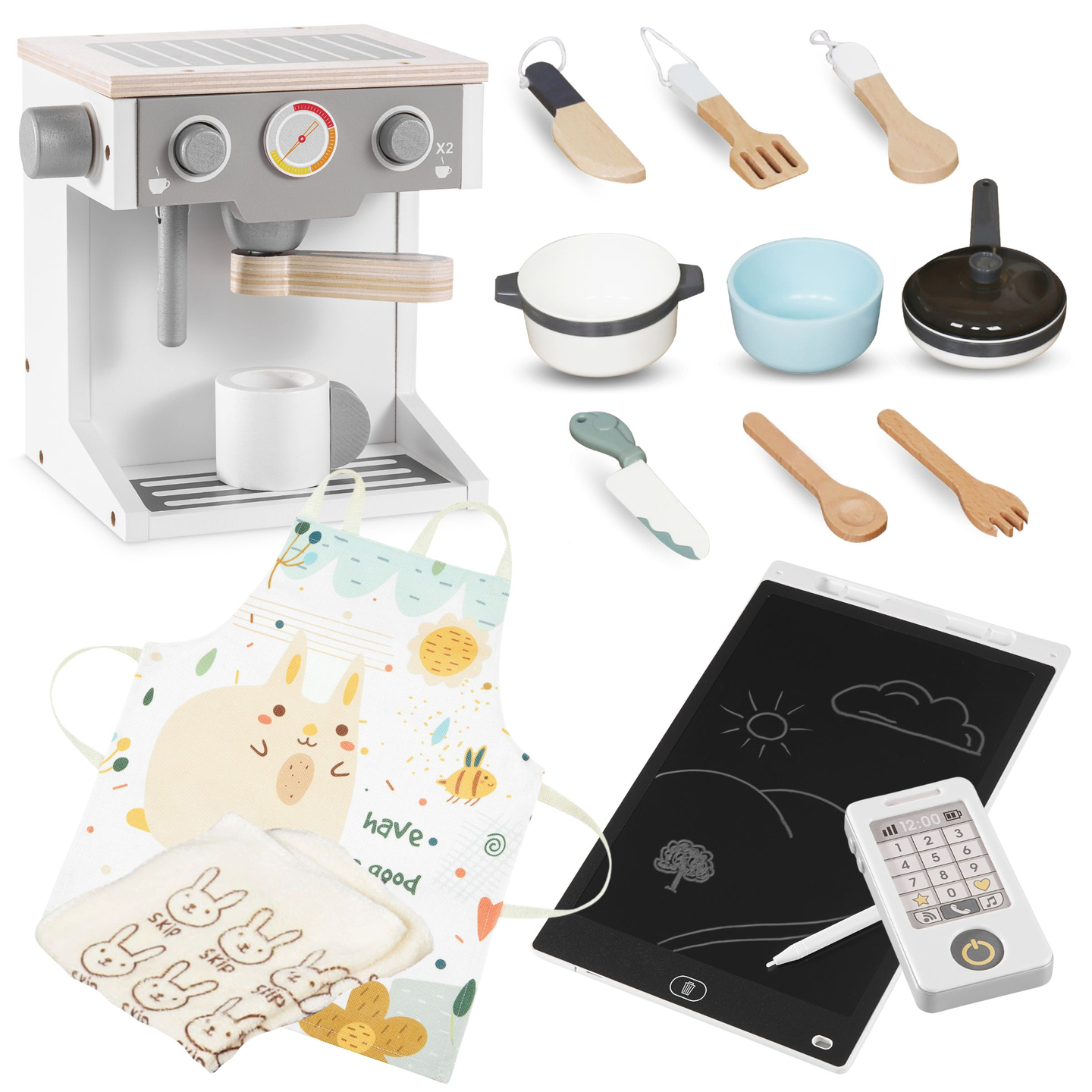 XXXXL didelė medinė interaktyvi virtuvė su LED apšvietimu, skalbimo mašina, mikrobangų krosnele, kavos aparatu, vaisių ir daržovių rinkiniu - 50 elementų