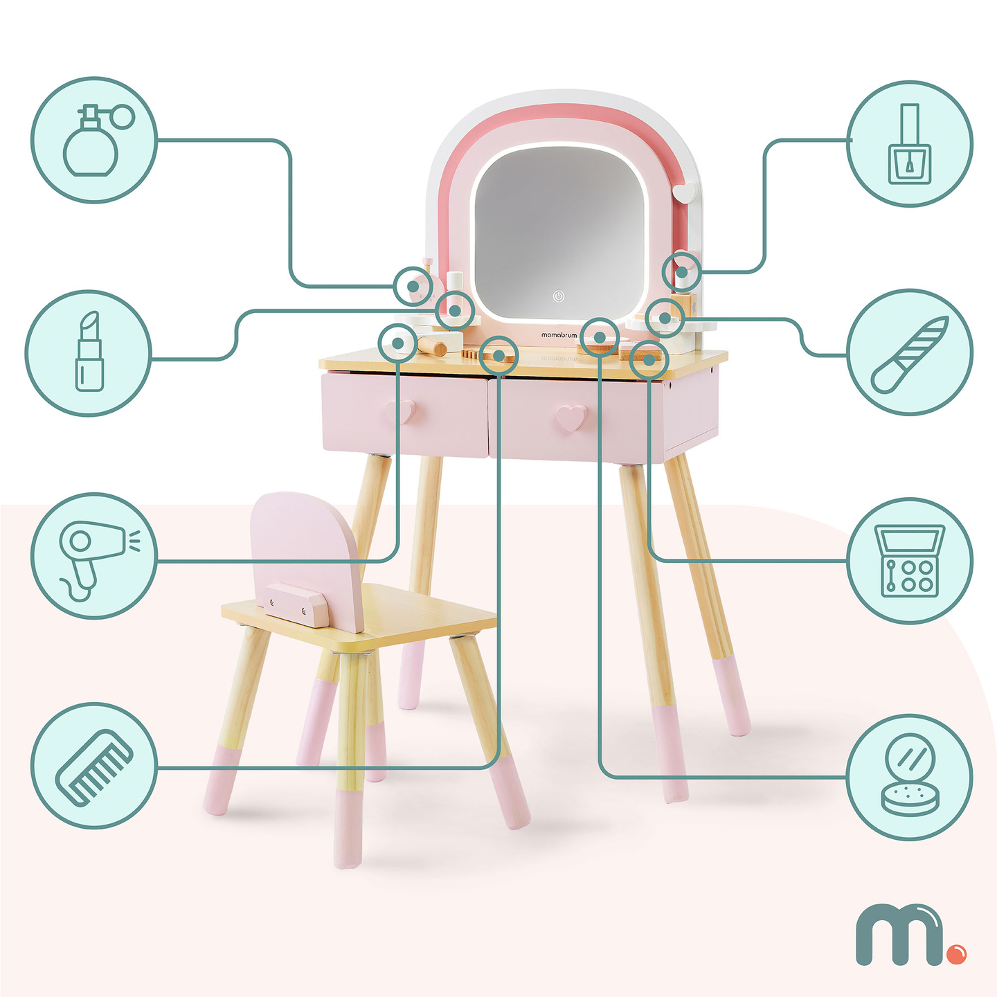Medinis vaikiškas tualetinis staliukas su LED apšvietimu ir sklandžiu ryškumo reguliavimu, kėdute ir aksesuarais