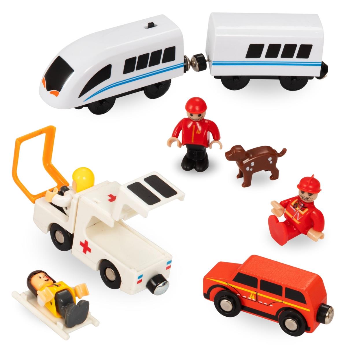 Medinis traukinys, akumuliatorinis traukinys - Ugniagesiai, bėgiai, automobiliai, tiltai, užtvara