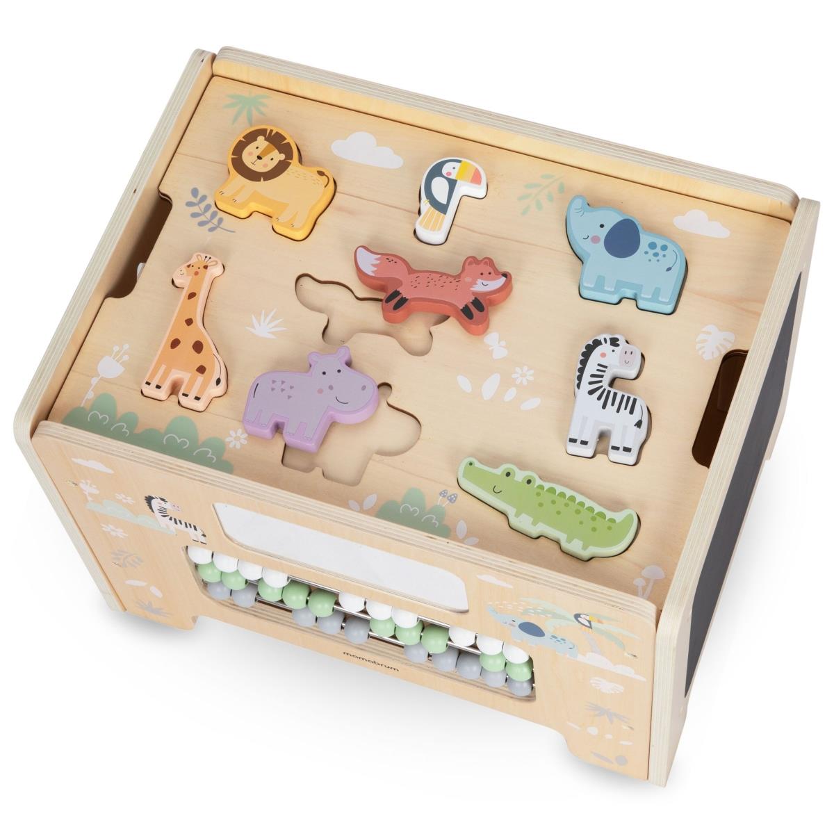 Medinė manipuliatorių dėžutė - Montessori lenta su gyvūnų figūrėlėmis ir sėdyne