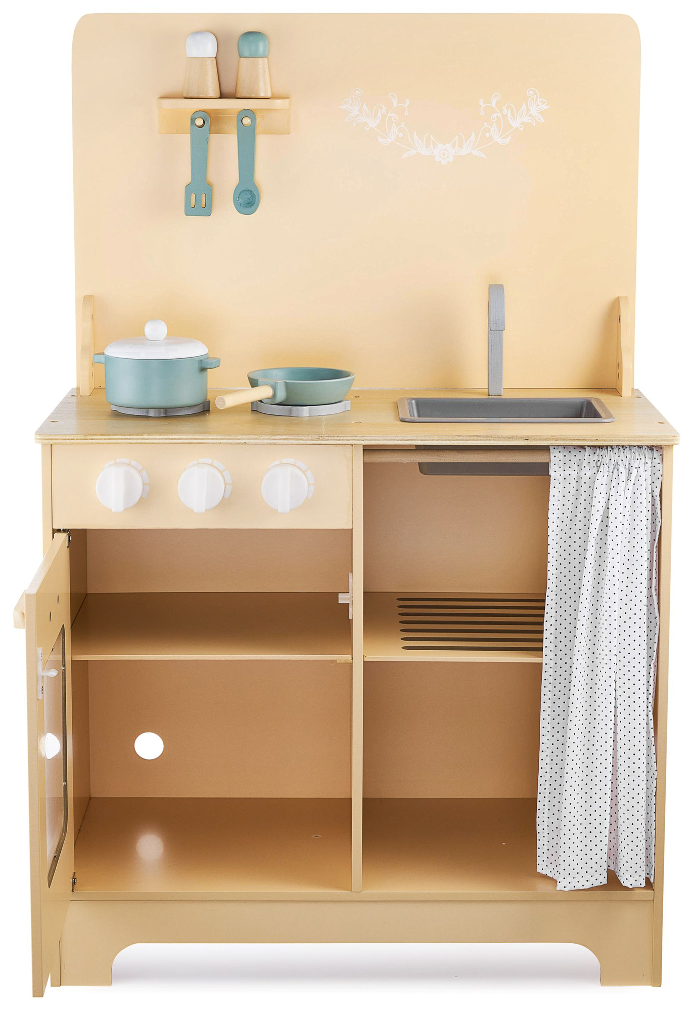 Medinė virtuvė su prijuoste, priedais ir LED apšvietimu