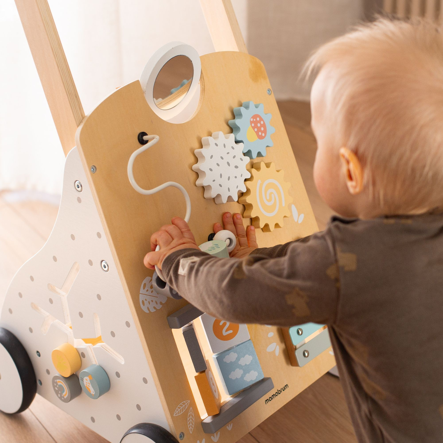 Edukacinė medinė vaikštynė 8in1 / kūdikių stumdyklė - manipuliacinė lenta