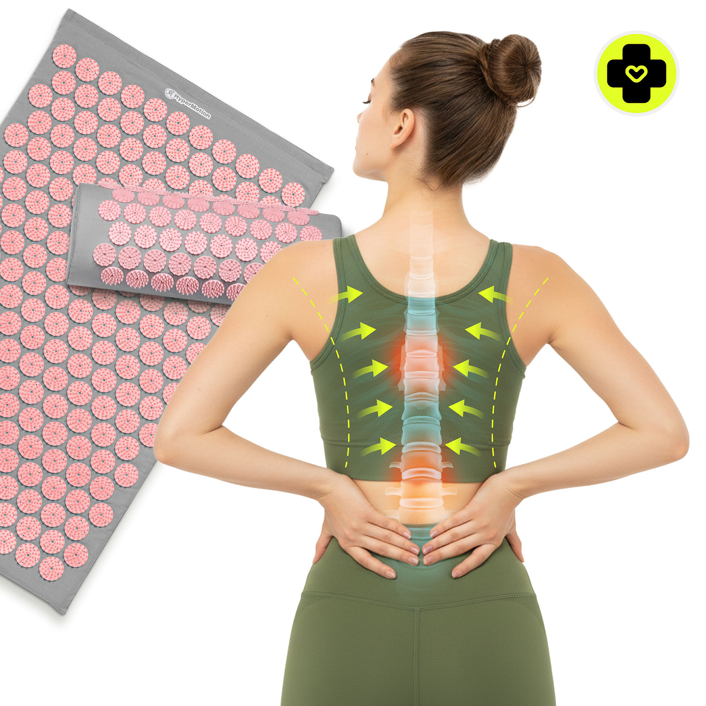 Akupresūros kilimėlis su pagalvėle ir užvalkalu – 72 cm „HyperMotion“ pilkas ir rožinis