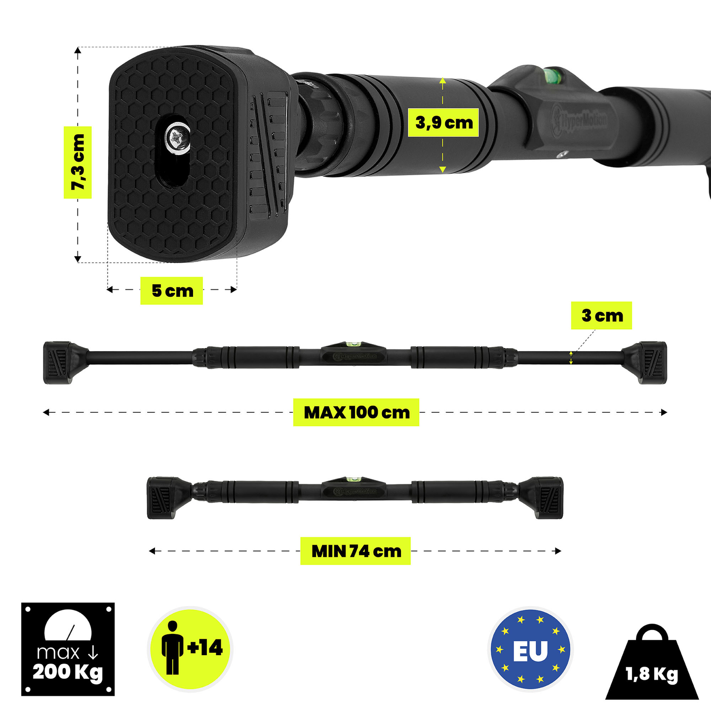 HyperMotion reguliuojamas prisitraukimų skersinis 74–100 cm, 200 kg, juodas