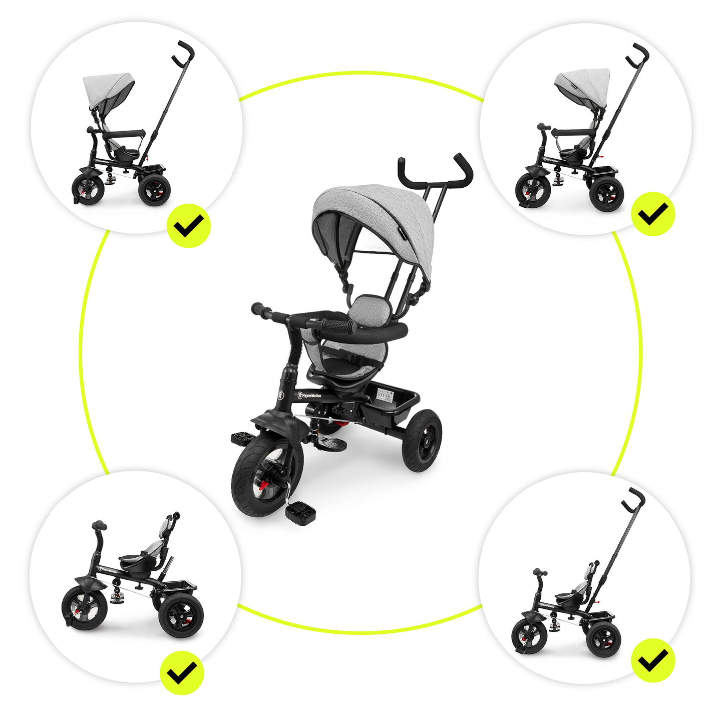 Triratukas 1-4 metų vaikams - TOBI FREY - pilka spalva - pasukamas - pompiniai ratai + stūmiklis