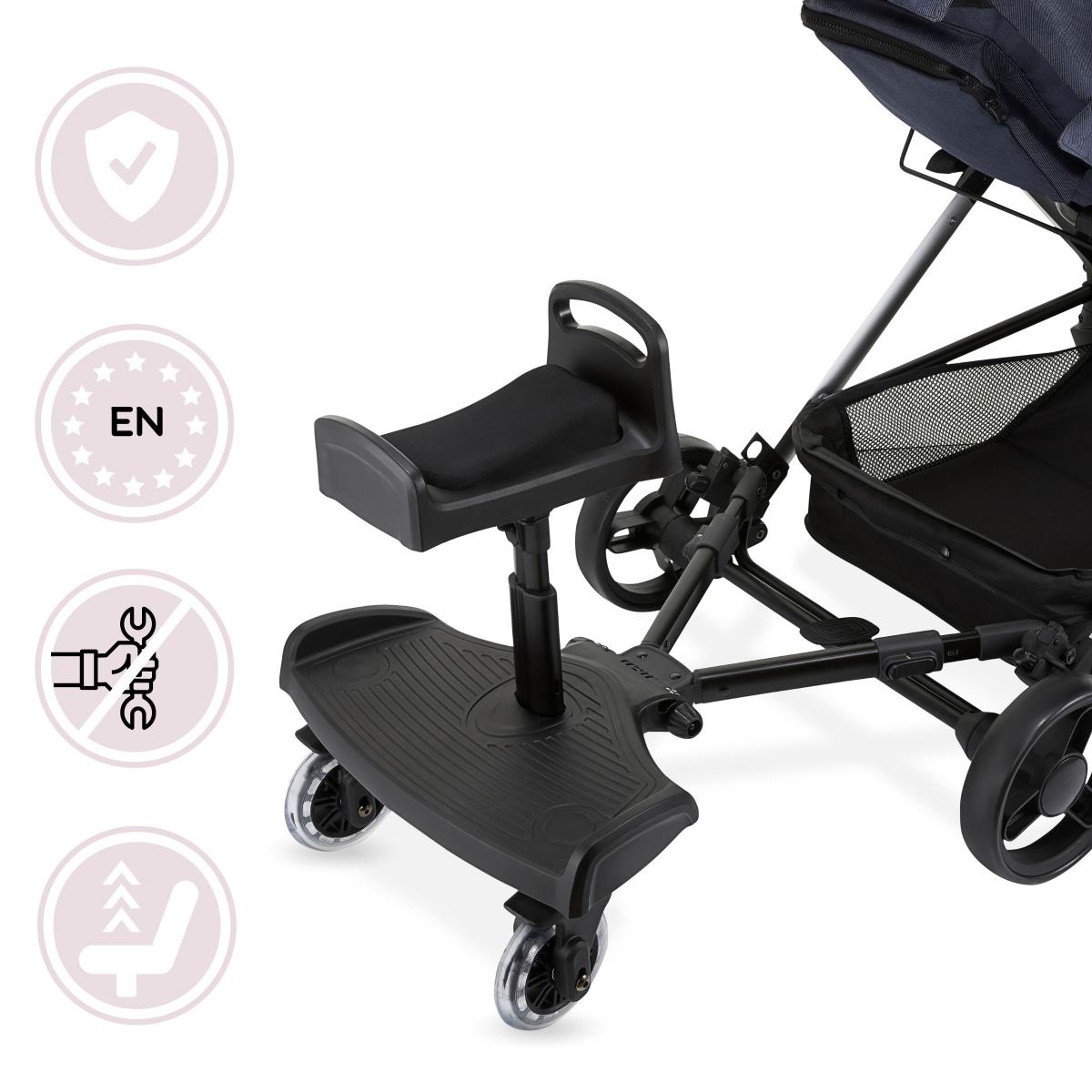 Vaikiško vežimėlio pratęsimas su reguliuojama sėdyne ir universalia tvirtinimo sistema - "Moby-System BUGGY2GO