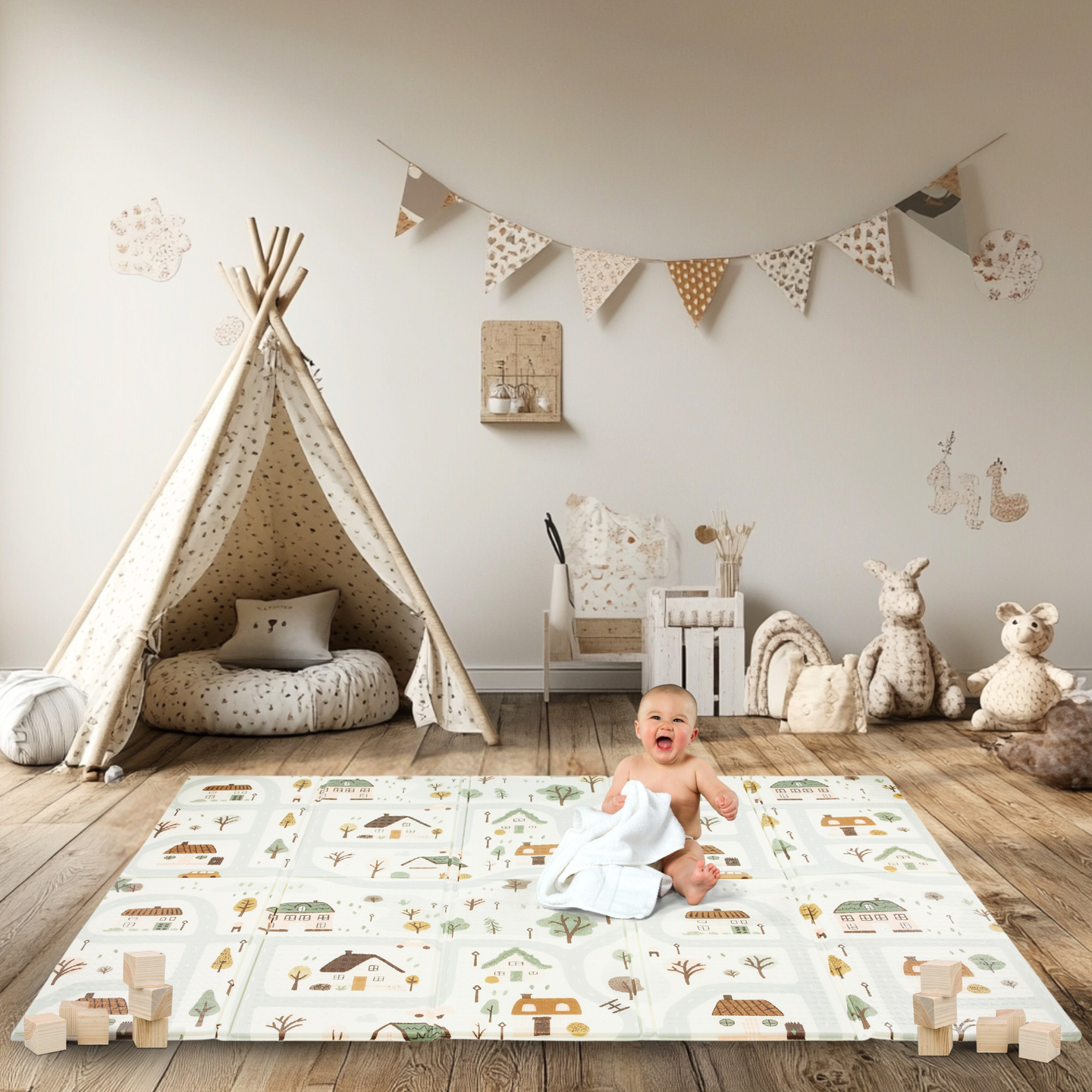 Dvipusis sulankstomas putplasčio kilimėlis 180 x 120 x 1 cm - Charming Town/Sand Beige