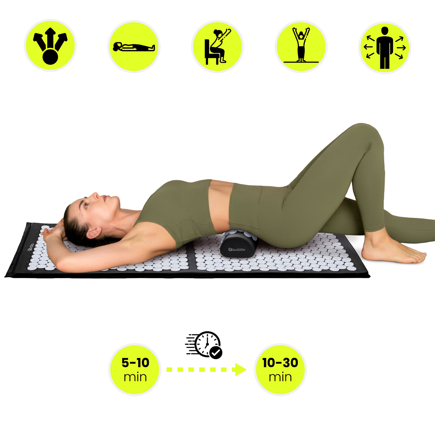 Didelis akupresūros kilimėlis su pagalvėle ir užvalkalu – 130 cm „HyperMotion“ juodos ir baltos spalvos