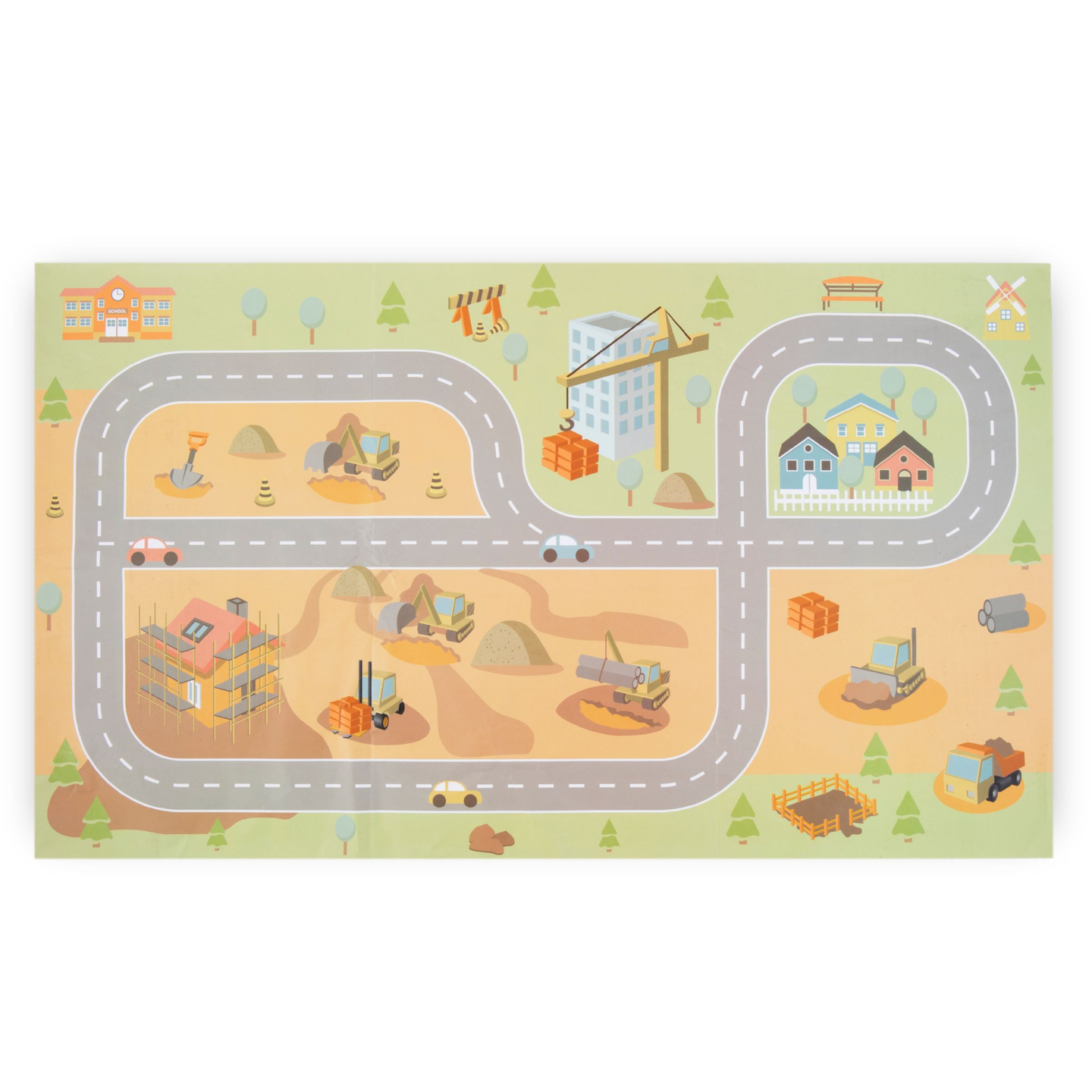 Medinė statybų aikštelė su dideliu mobiliuoju kranu ir transporto priemonėmis, bokštinis kranas