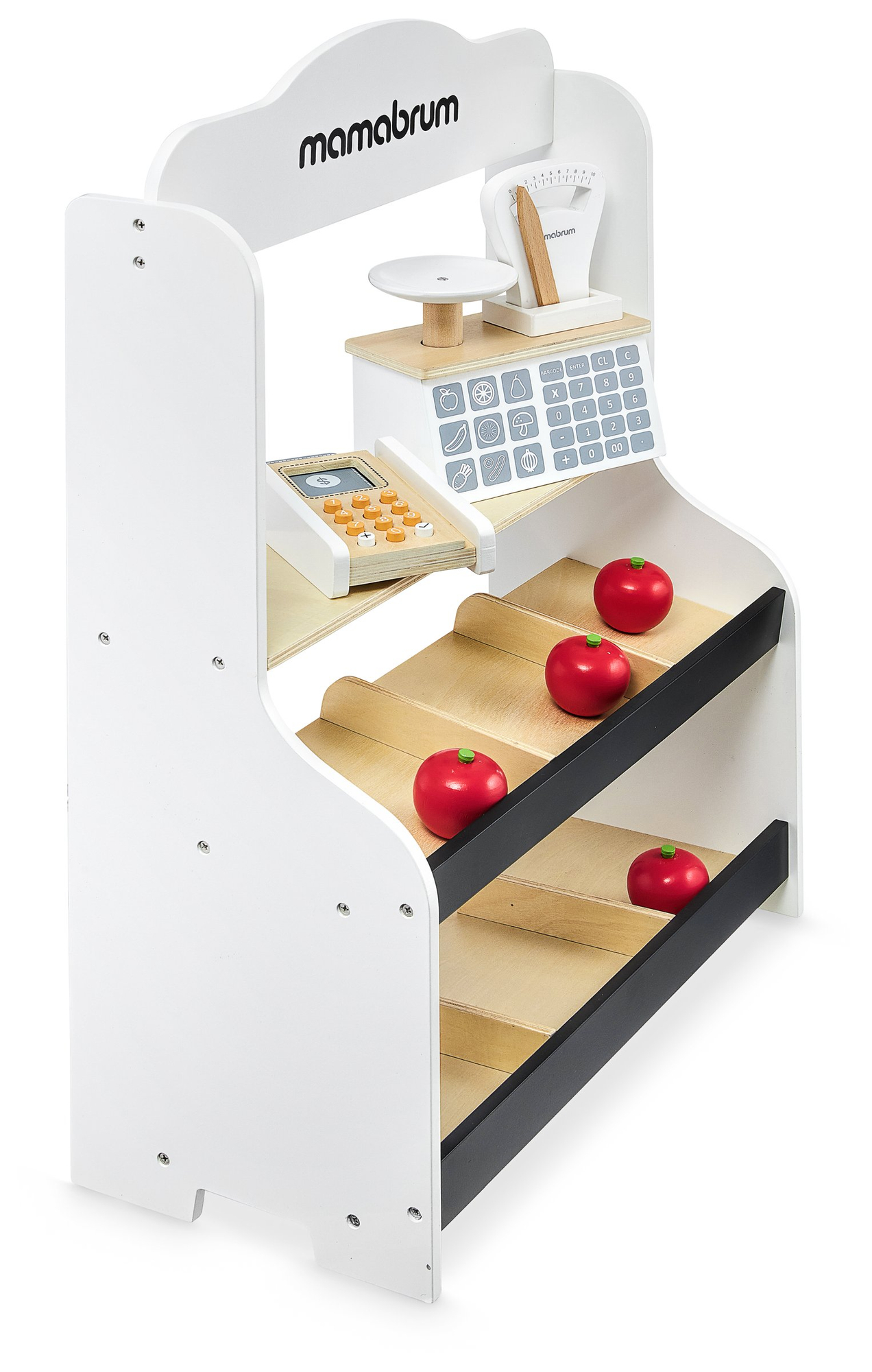 Mini turgus - parduotuvė su svarstyklėmis, terminalu, mokėjimo kortele ir vaisiais