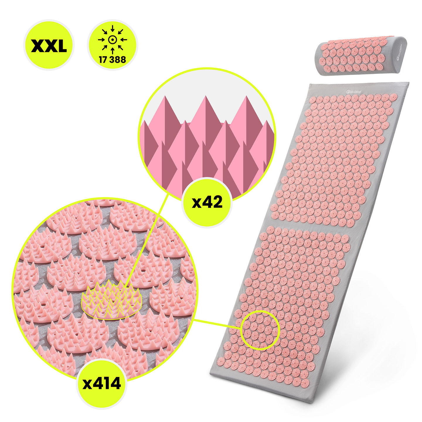 Didelis akupresūros kilimėlis su pagalvėle ir užvalkalu – 130 cm „HyperMotion“ pilkas ir rožinis