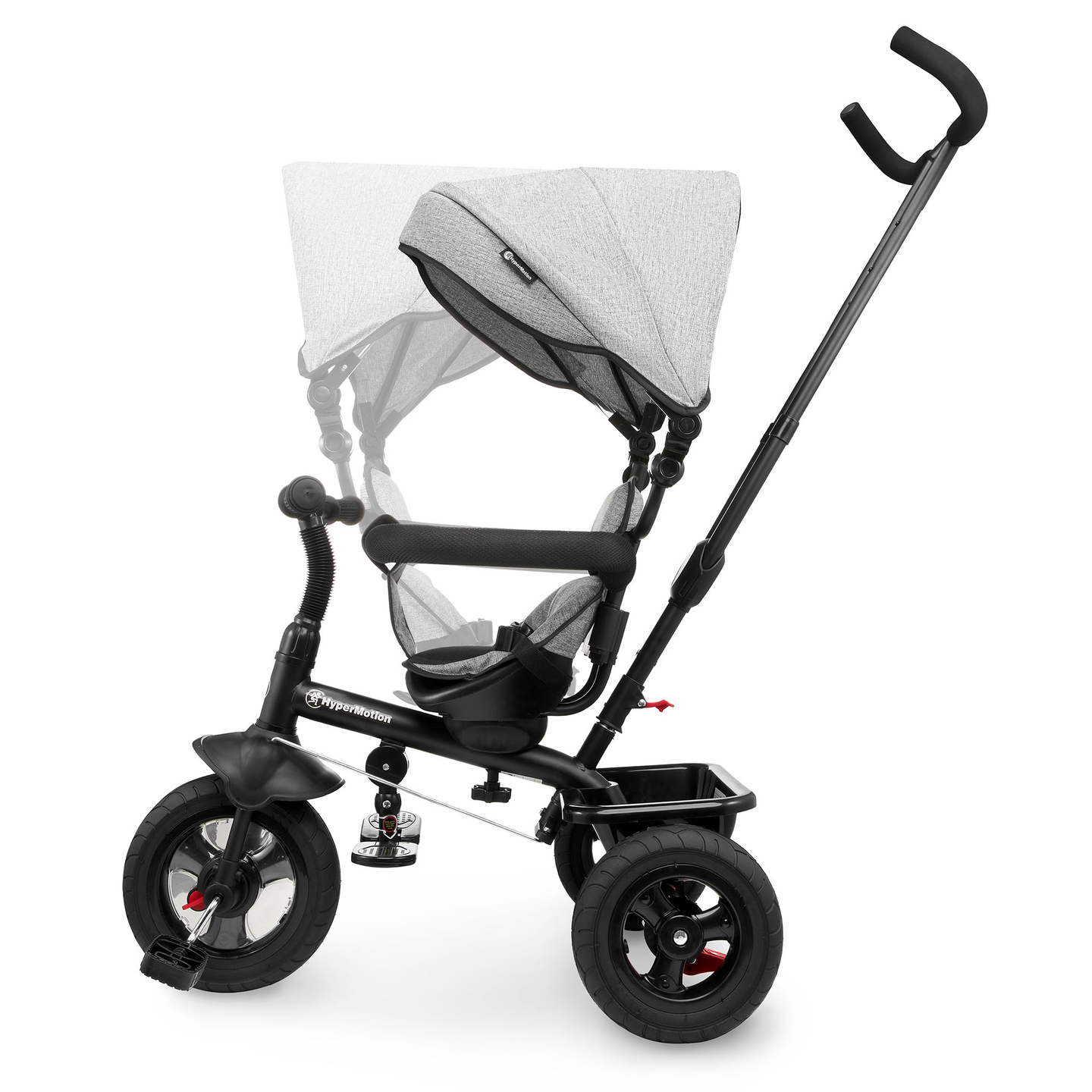 Triratukas 1-4 metų vaikams - TOBI FREY - pilka spalva - pasukamas - pompiniai ratai + stūmiklis