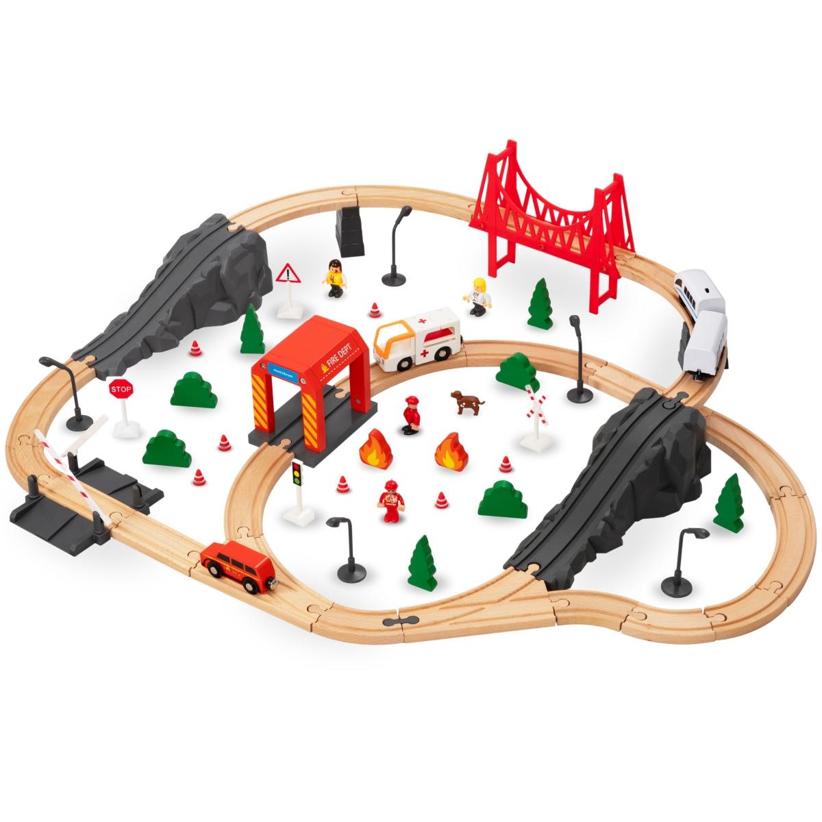 Medinis traukinys, akumuliatorinis traukinys - Ugniagesiai, bėgiai, automobiliai, tiltai, užtvara