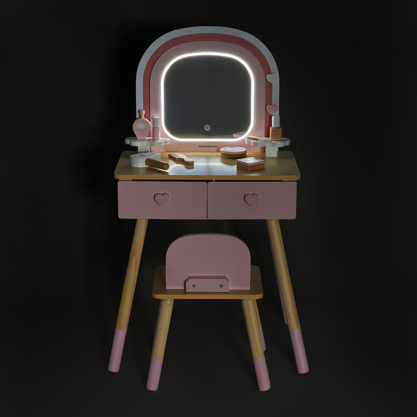 Medinis vaikiškas tualetinis staliukas su LED apšvietimu ir sklandžiu ryškumo reguliavimu, kėdute ir aksesuarais