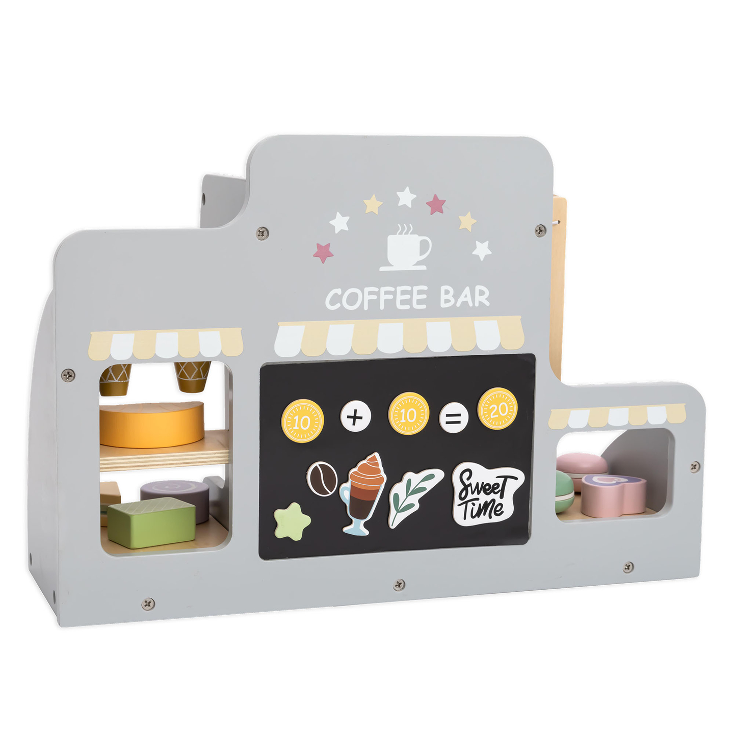 Didelė medinė ledainė su magnetine lenta, kavos aparatu ir ledų bei desertų rinkiniu - daugiau nei 70 detalių!