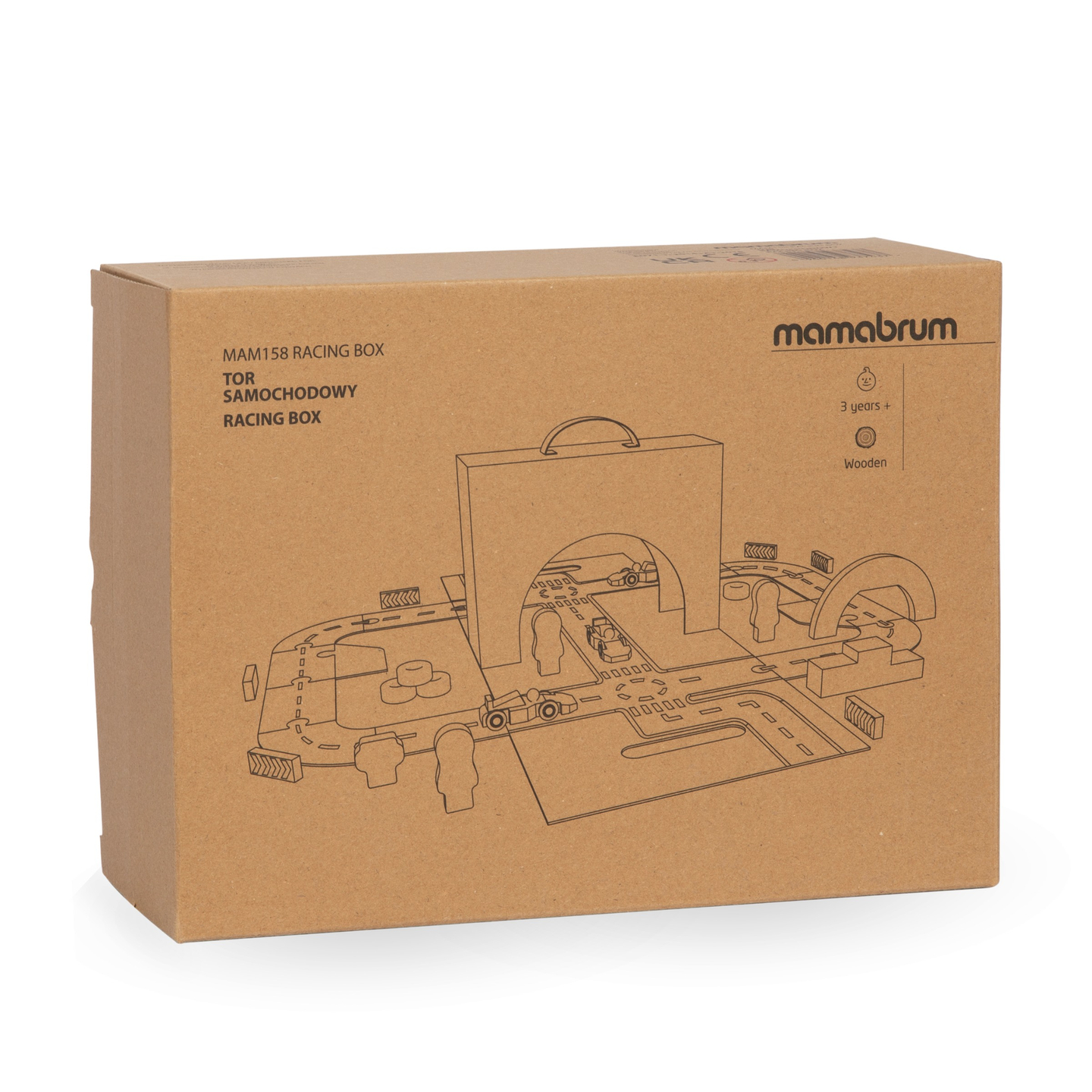 Magnetinis lagaminas su lenktynių trasa, medinėmis transporto priemonėmis ir kelio priedais