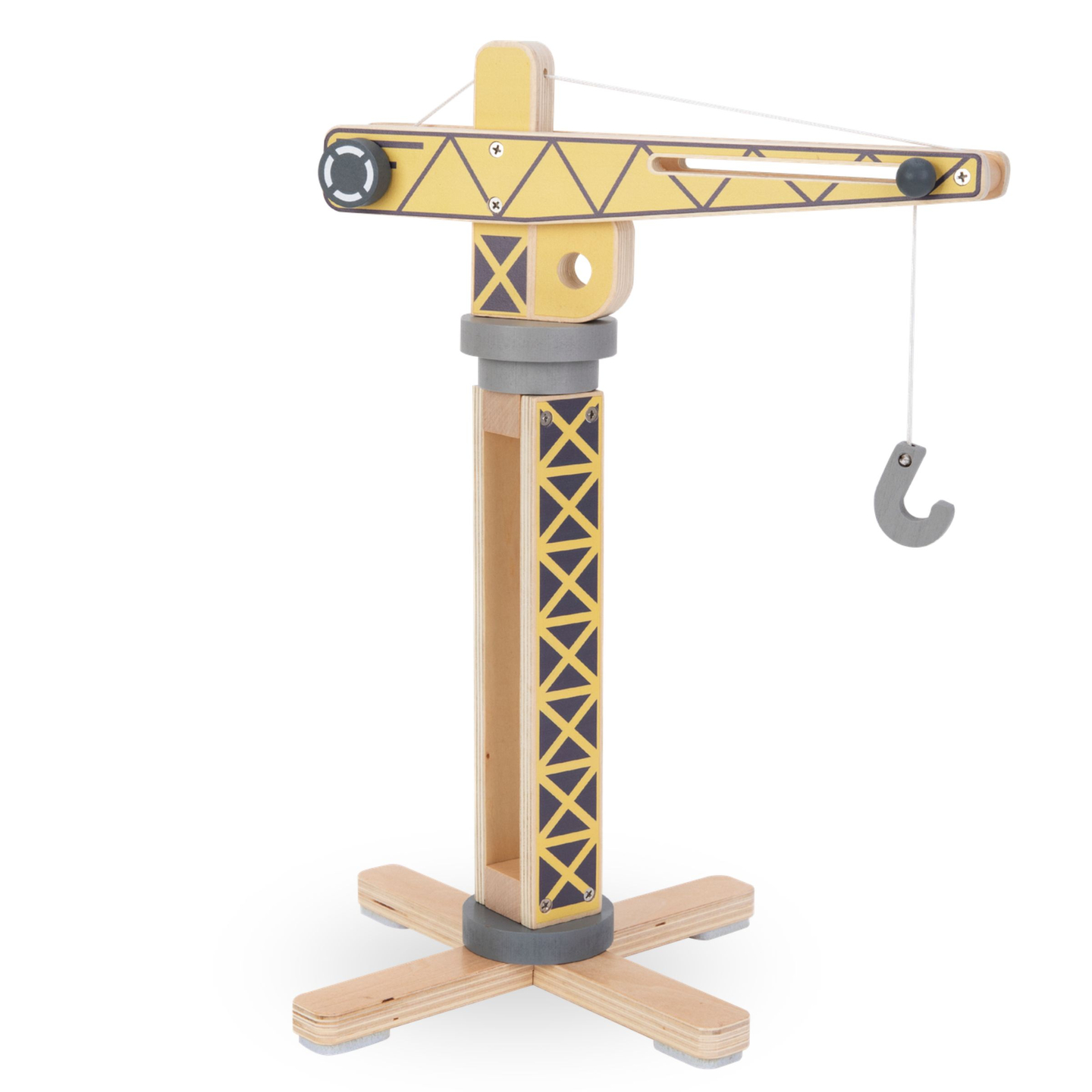 Medinė statybų aikštelė su dideliu mobiliuoju kranu ir transporto priemonėmis, bokštinis kranas