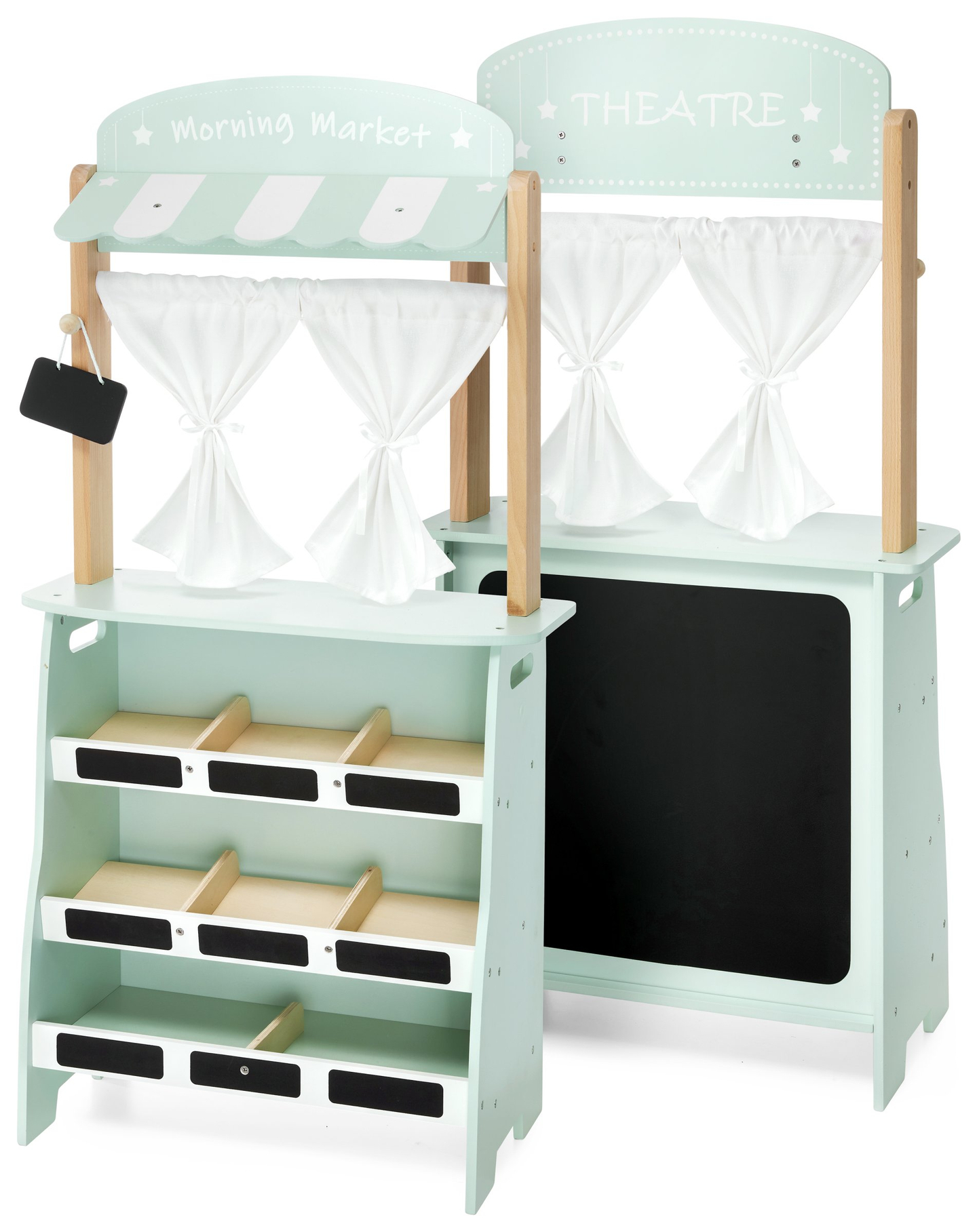 Didelė medinė parduotuvė - prekystalis ir teatras 2 viename su svarstyklėmis, mokėjimo terminalu, vaisiais ir daržovėmis