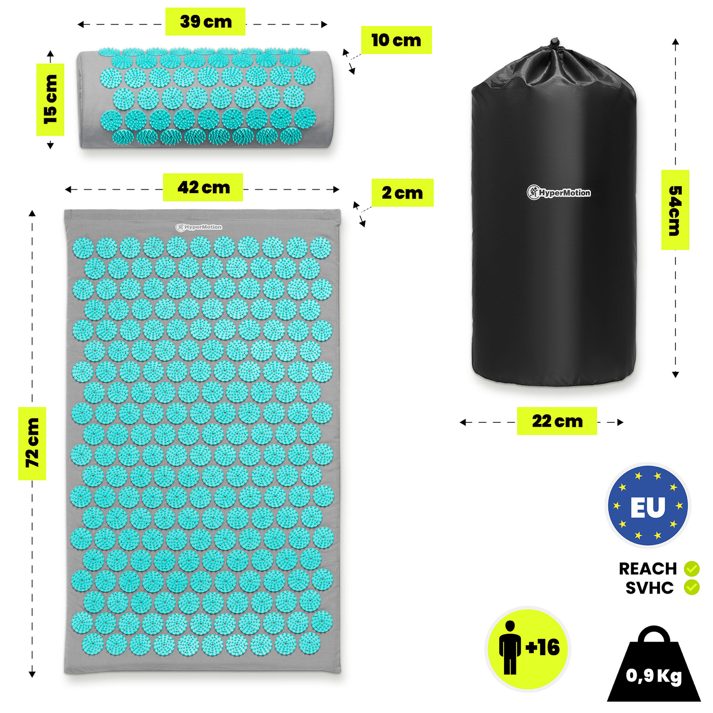 Akupresūros kilimėlis su pagalvėle ir užvalkalu – 72 cm „HyperMotion“ pilkai mėtinis