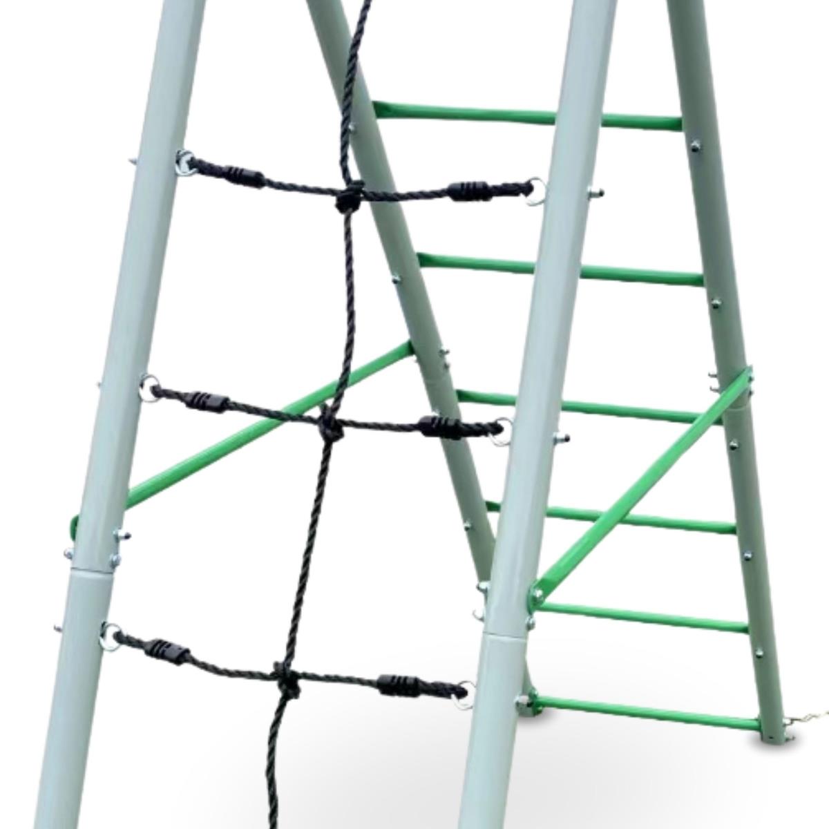 XL sodo žaidimų aikštelė vaikams su gandralizdžio sūpynės, kopėčiomis ir laipiojimo tinklu