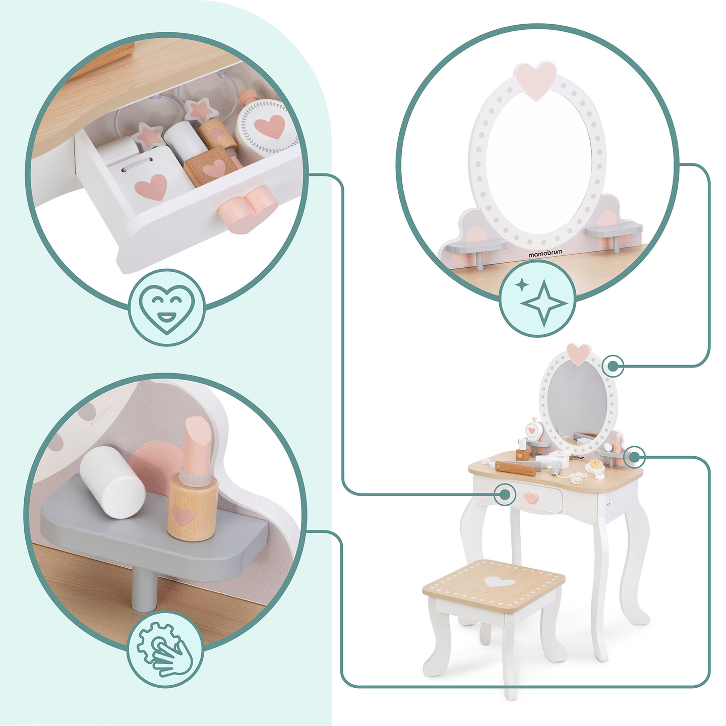 Medinis tualetinis staliukas su taburete ir priedais