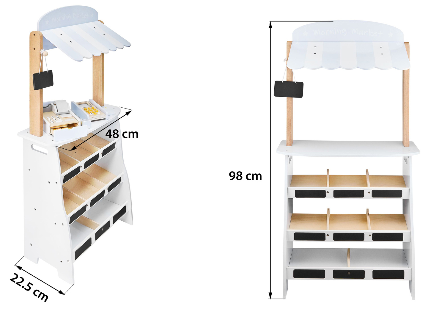 Daržovių parduotuvė - medinis prekystalis su dėžėmis, kasos aparatu ir terminalu