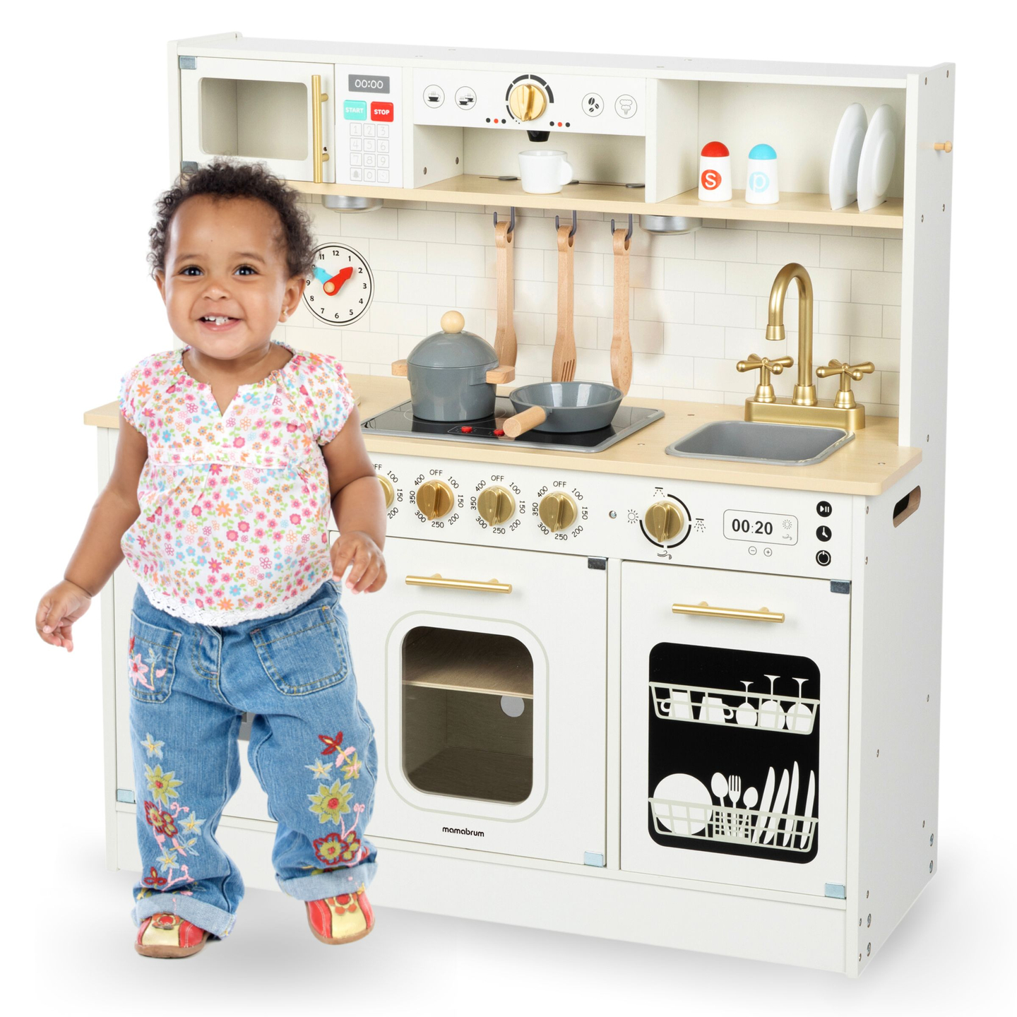 Interaktyvi XXL medinė virtuvė su priedais ir LED apšvietimu – dviejų lygių