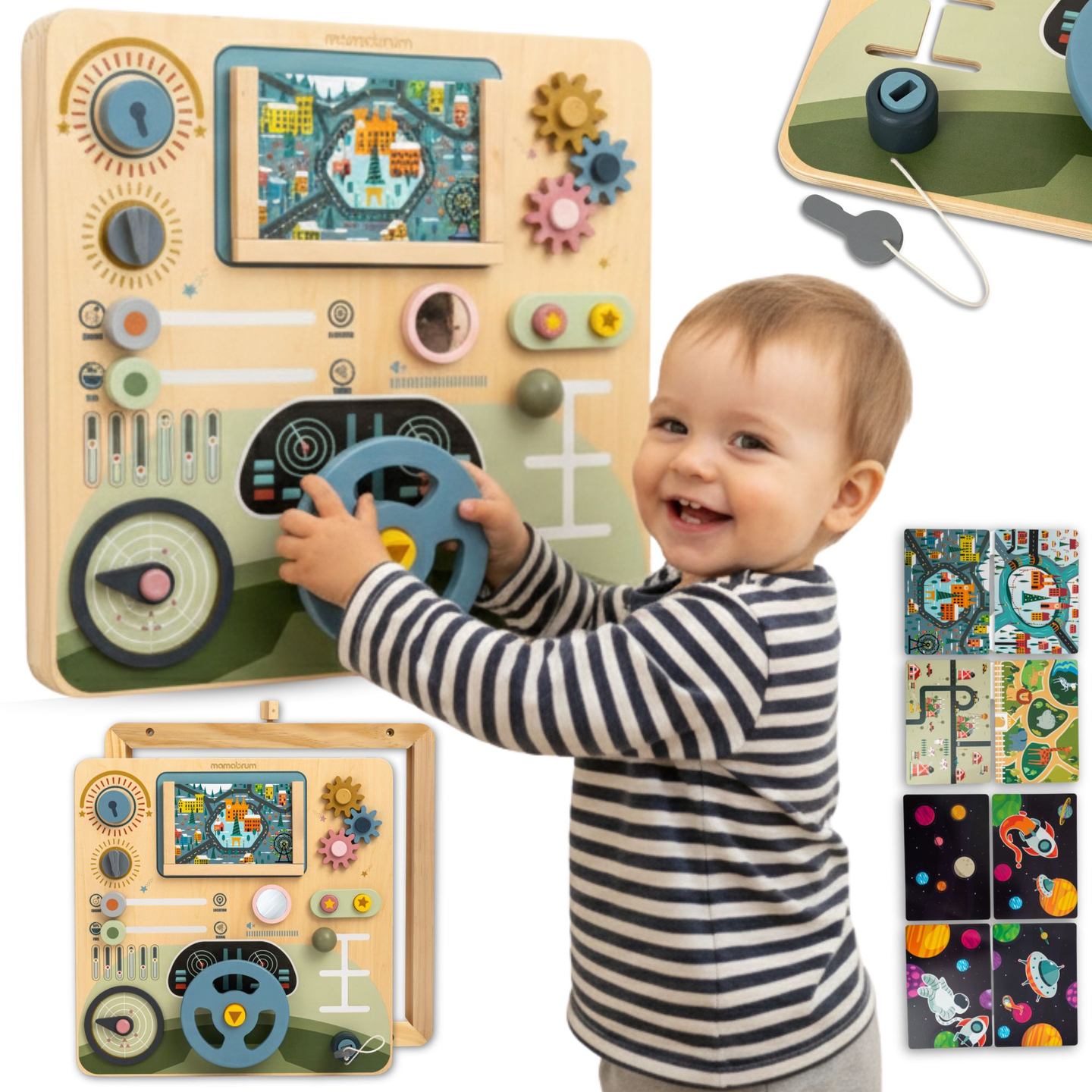 Medinė Montessori lenta 2 viename Vairuotojo ir piloto kabina – vairas, pavarų perjungimo svirtis, kelionių žemėlapiai, radaras