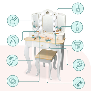 XXL medinis tualetinis staliukas su taburete ir LED apšvietimu vaikams + priedai