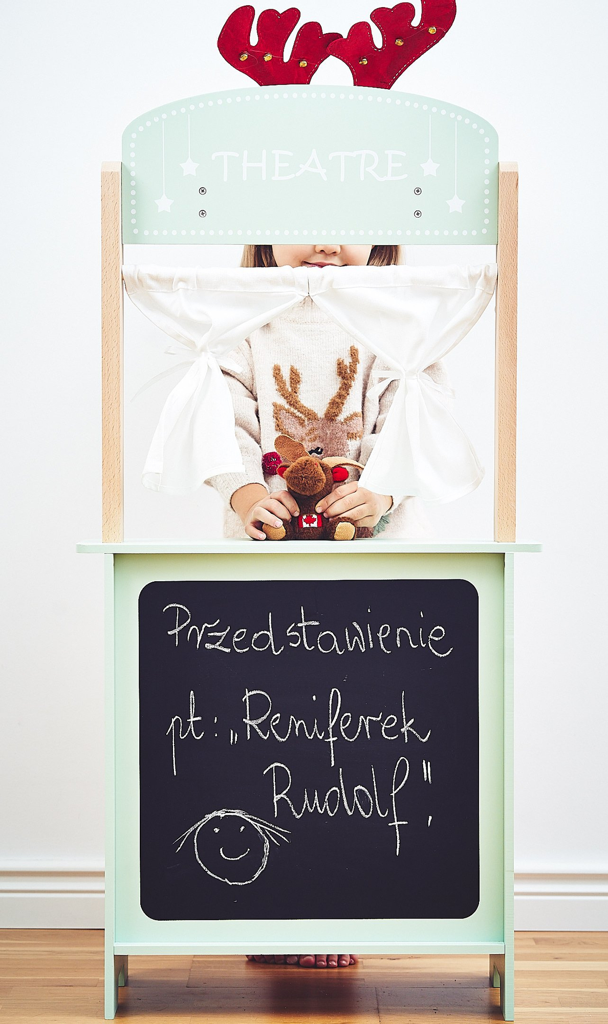 Didelė medinė parduotuvė - prekystalis ir teatras 2 viename su svarstyklėmis, mokėjimo terminalu, vaisiais ir daržovėmis