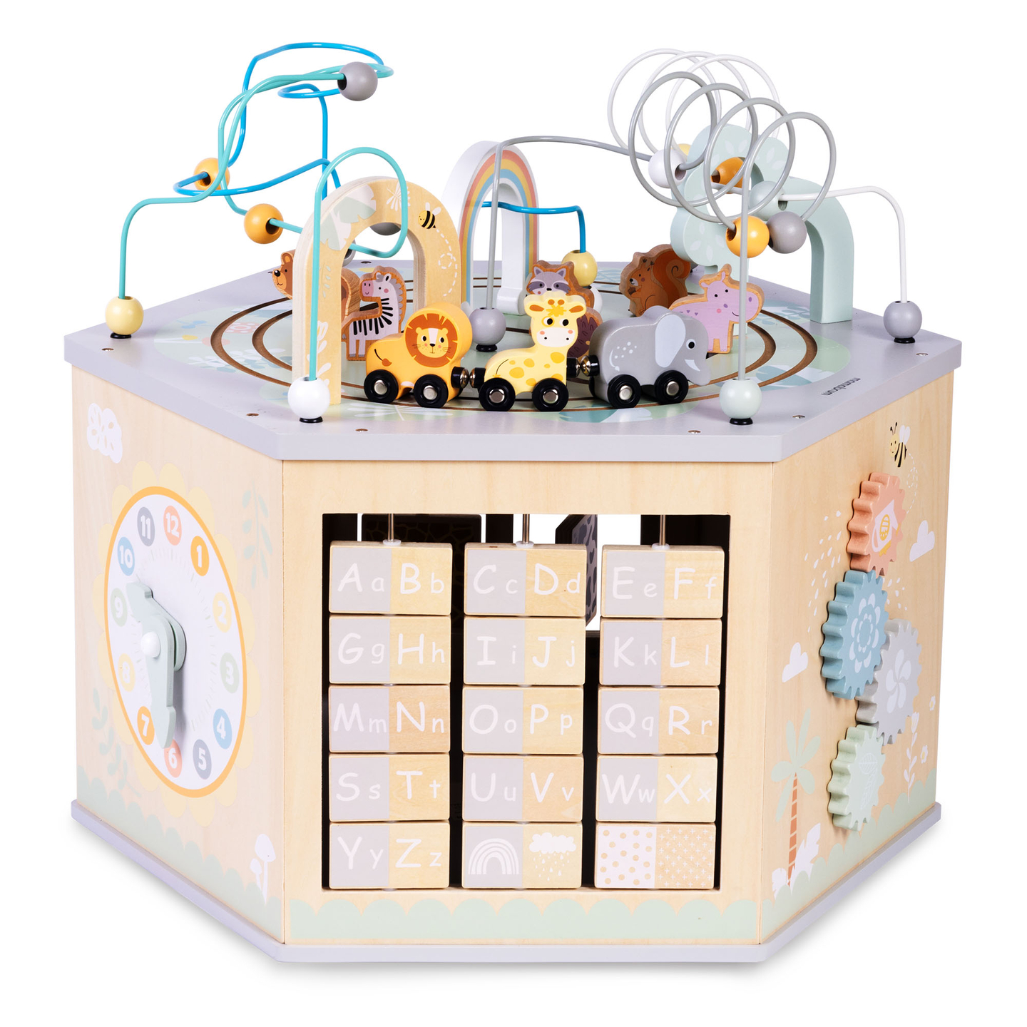 Didelis medinis edukacinis kubas - Montessori žaislas su magnetiniu traukiniu ir variklio kilpomis