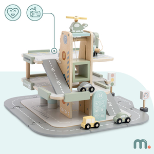 Medinis, trijų aukštų garažas vaikams su priedais – automobilių stovėjimo aikštelė, degalinė, automobilių plovykla, sraigtasparnis