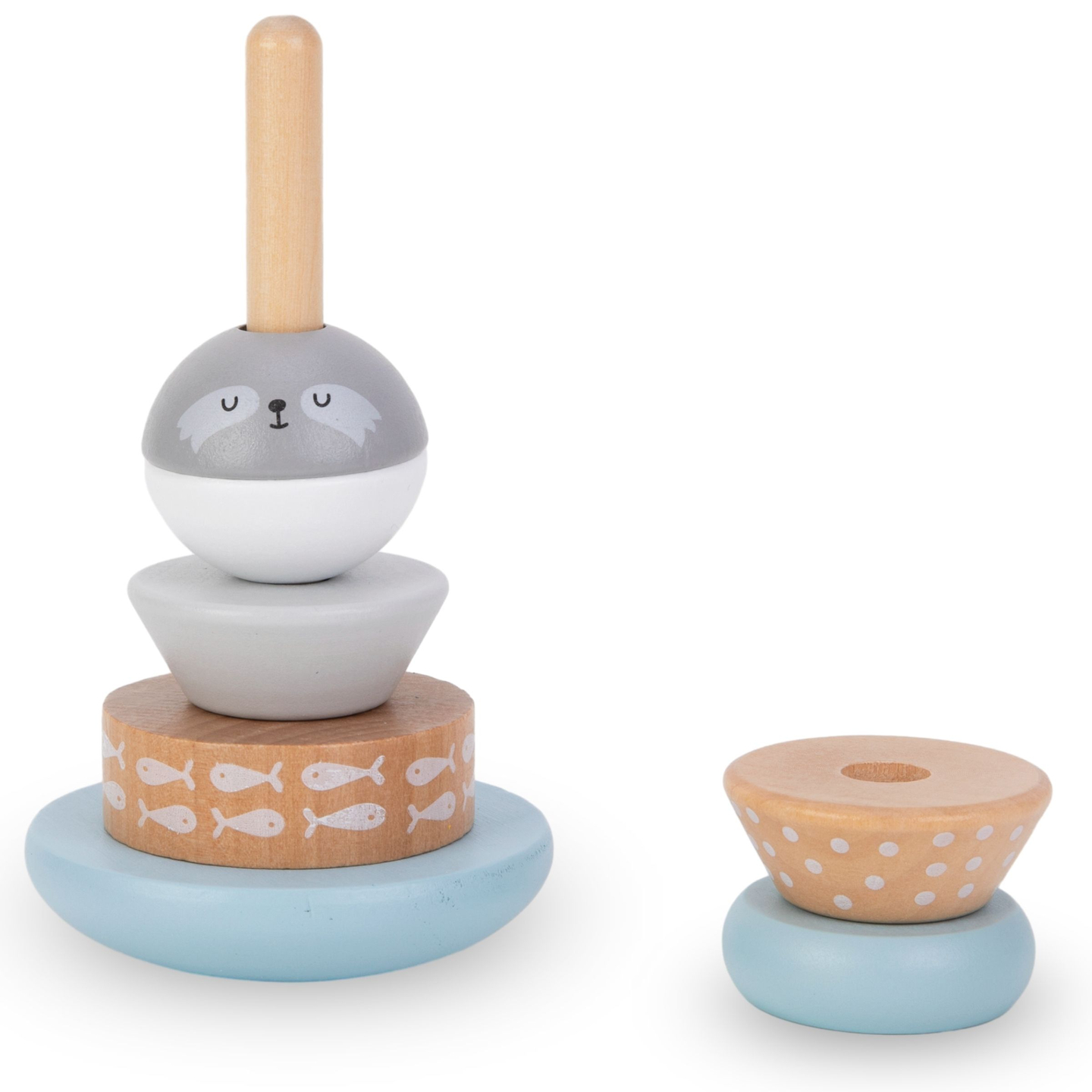 Medinių žaislų rinkinys - spalvotas persipynimas, ruonių piramidė, meškiukų rūšiuoklė