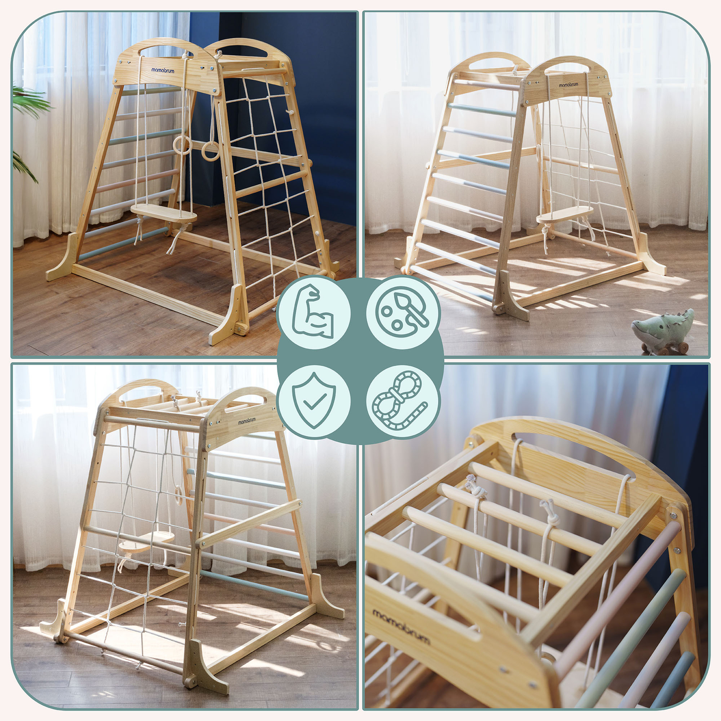 Medinė žaidimų aikštelė viduje su sūpynėmis, gimnastikos žiedais ir laipiojimo tinklu