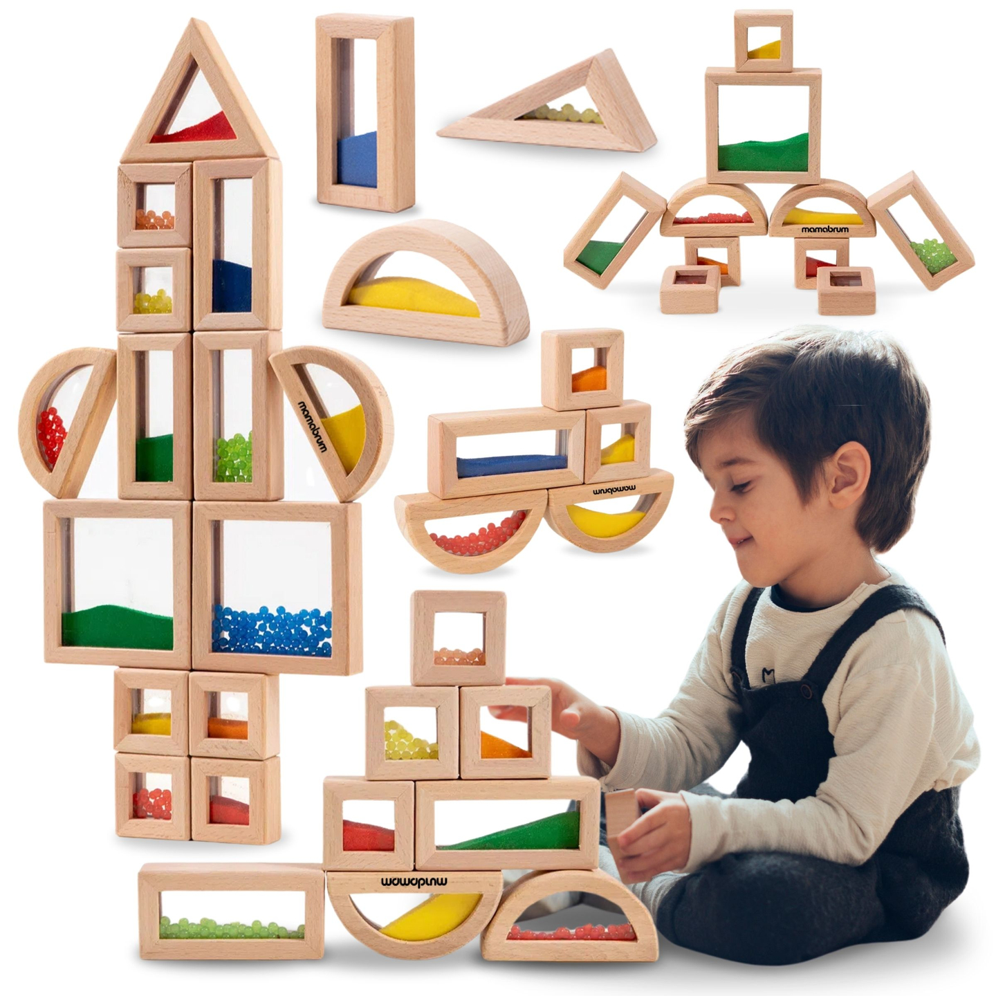 Medinių sensorinių kaladėlių su skirtingais užpildais rinkinys - 15 dalių