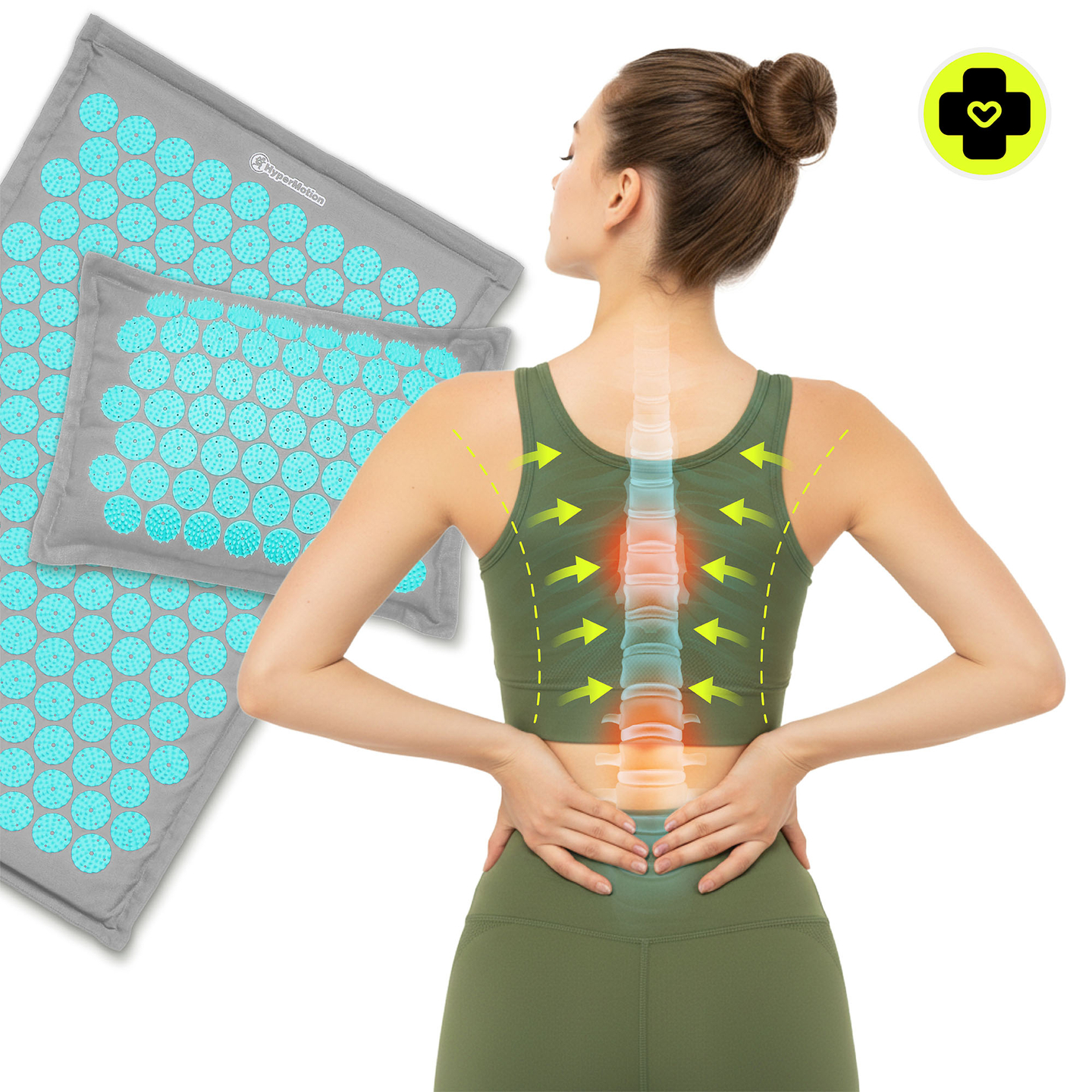 EKO lininis akupresūros kilimėlis su kokosų pluoštu ir grikių pagalvėle – 68 cm „HyperMotion“ pilka-mėtinė