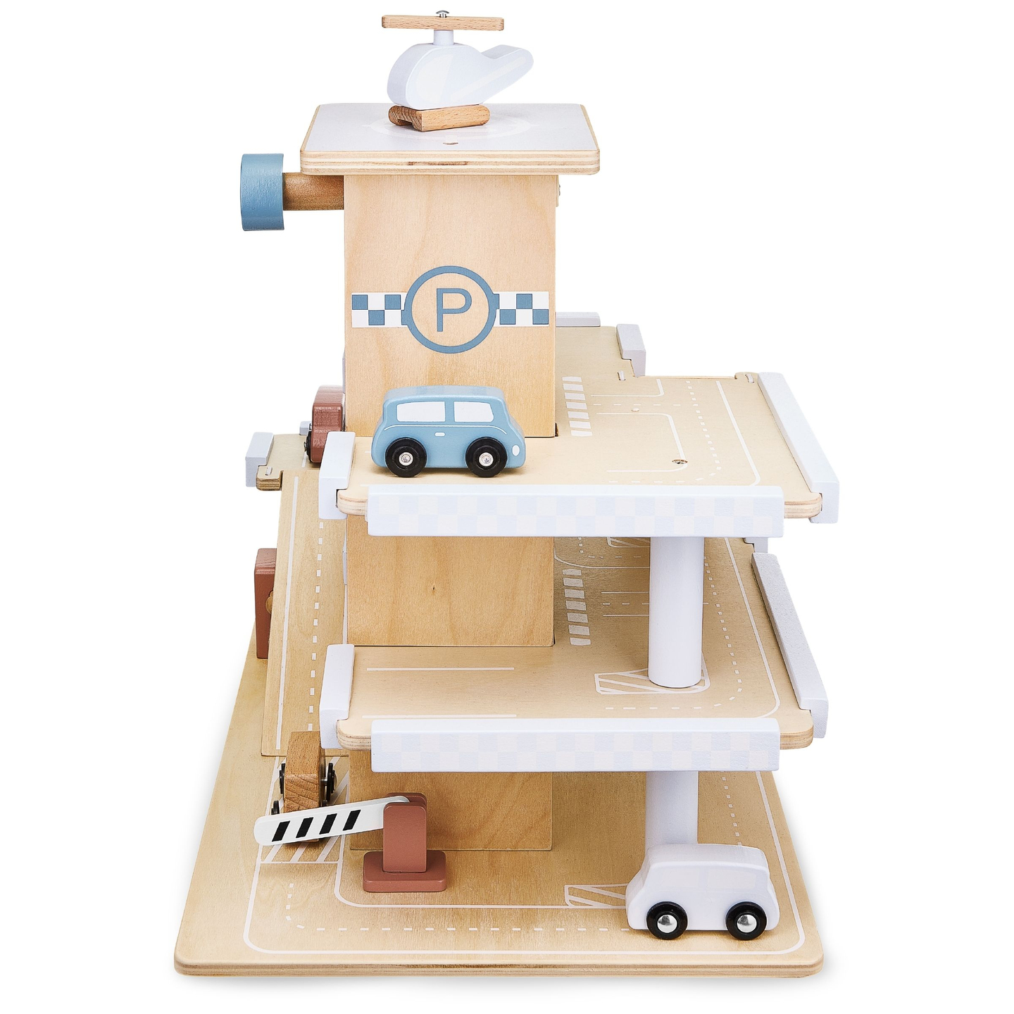 Medinė trijų aukštų automobilių stovėjimo aikštelė su liftu - garažas automobiliams ir sraigtasparniui